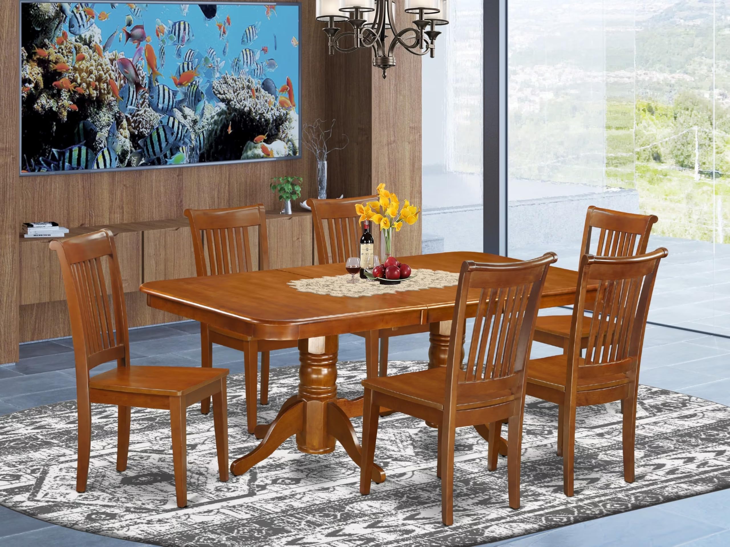 East West Furniture NAPO7-SBR-W 7 Piece Dining Table Set Consist of a Rectangle Wooden Table with Butterfly Leaf and 6 Dining Room Chairs, 40x78 Inch, Saddle Brown