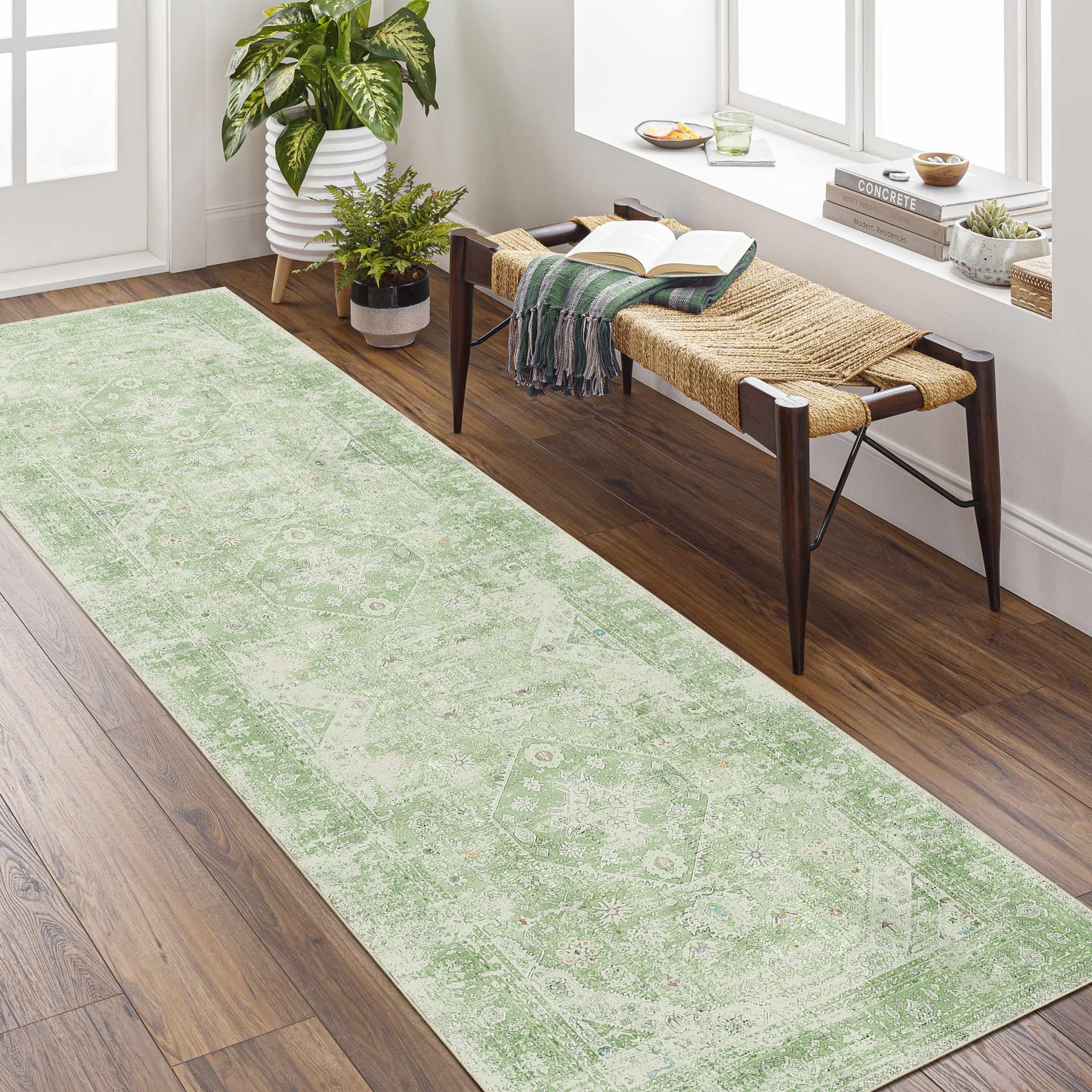 MUJOO 2x8 Runner Rug,Green Washable Runner Rugs for Hallway Kitchen Entryway Bedside Bathroom,Boho Area Rug Carpet Runner Long N