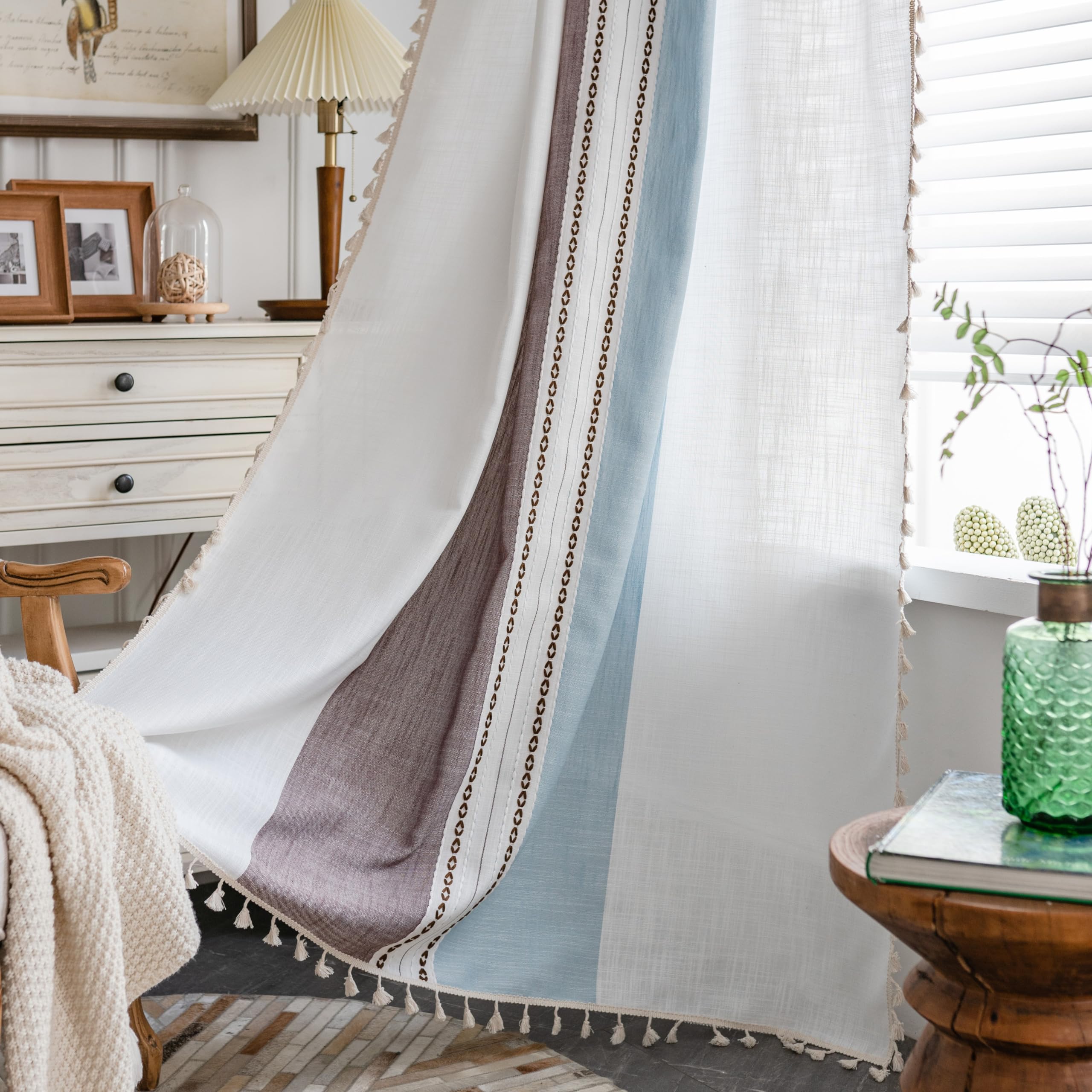 Sutuo Home Boho Curtains 96 Inches For Bedroom Living Room, Semi Blackout Linen Farmhouse Tassels Window Treatment Bohemian Embr