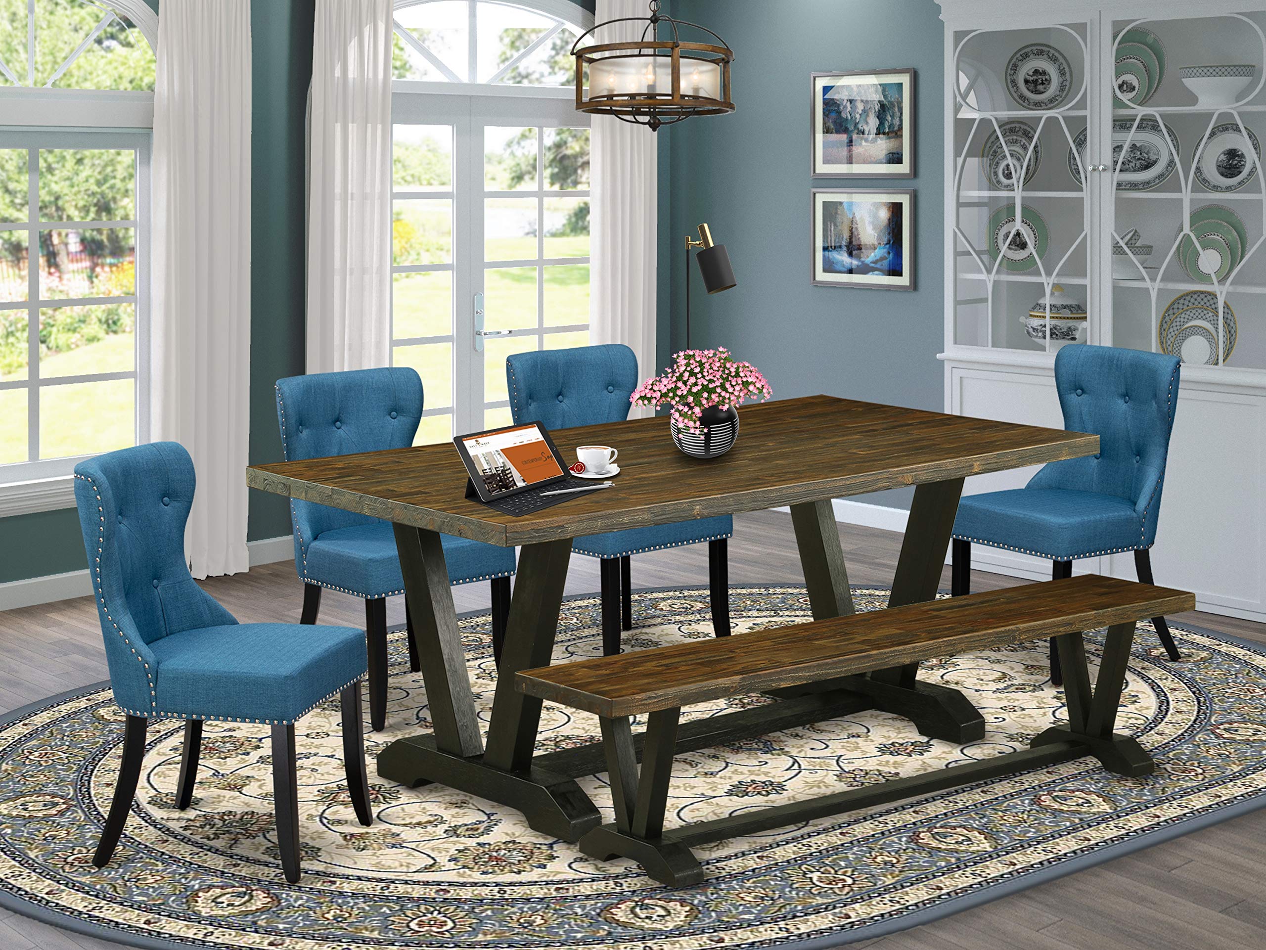 East West Furniture V-Style 6 Piece Kitchen Set Contains A Rectangle Wooden Table And 4 Blue Linen Fabric Parson Chairs With A Bench, 40X72 Inch, Multi-Color