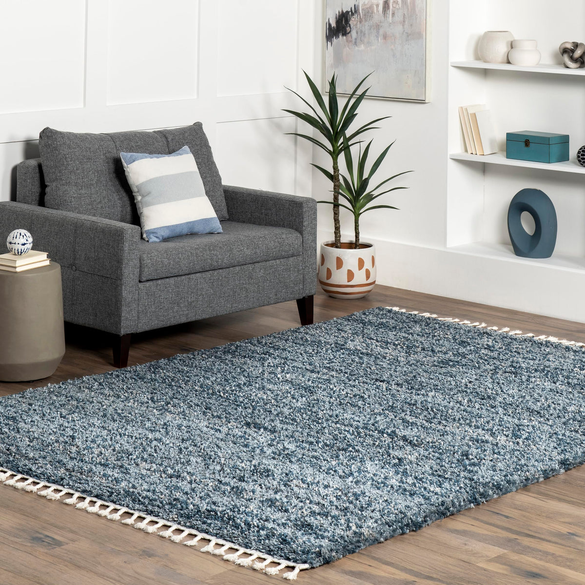 nuLOOM Brooke Shag Tasseled Area Rug - 12x15 Shag Area Rug Casual Blue/Ivory Rugs for Living Room Bedroom Dining Room Nursery