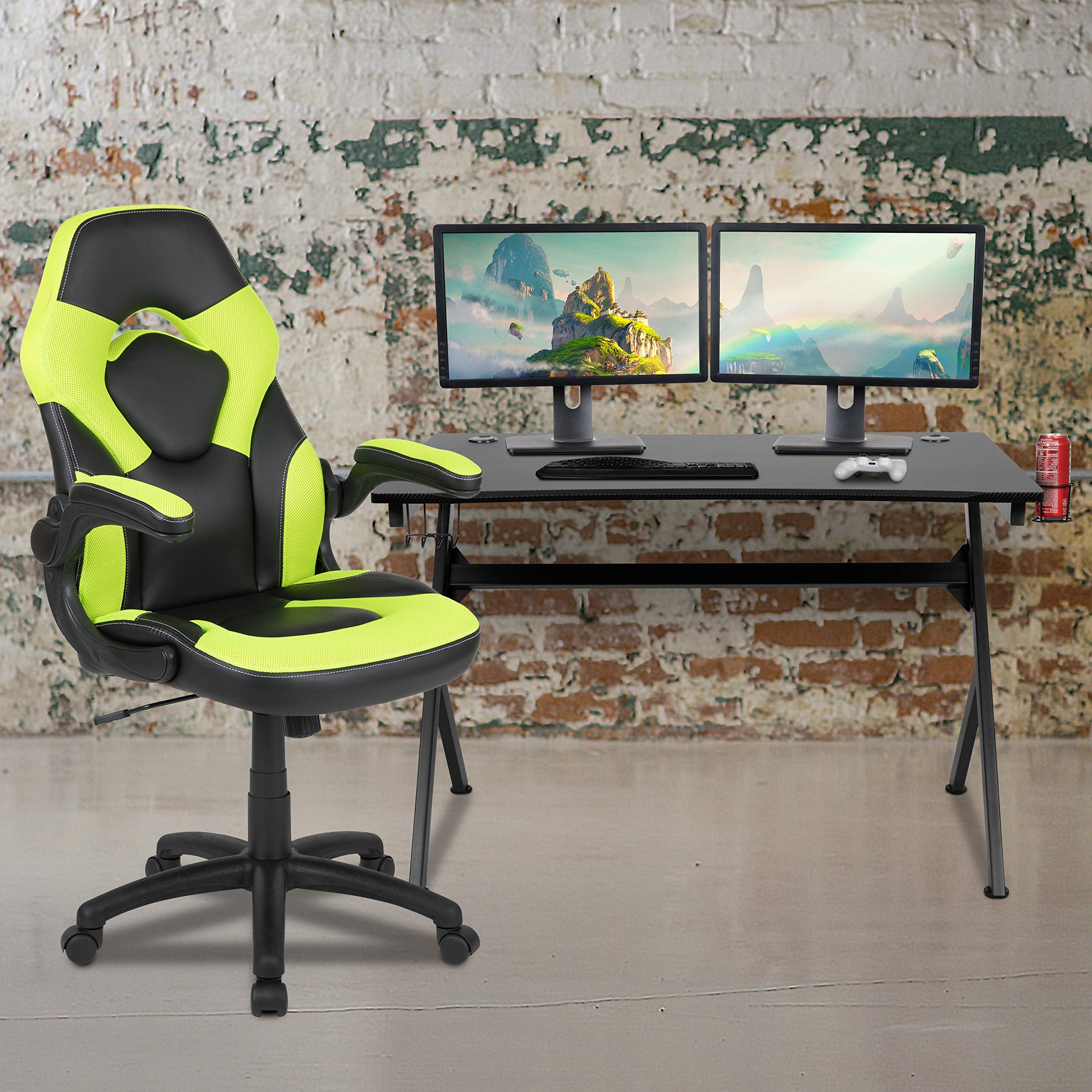 Flash Furniture Optis Black Gaming Desk And Green/Black Racing Chair Set With Cup Holder, Headphone Hook & 2 Wire Management Holes