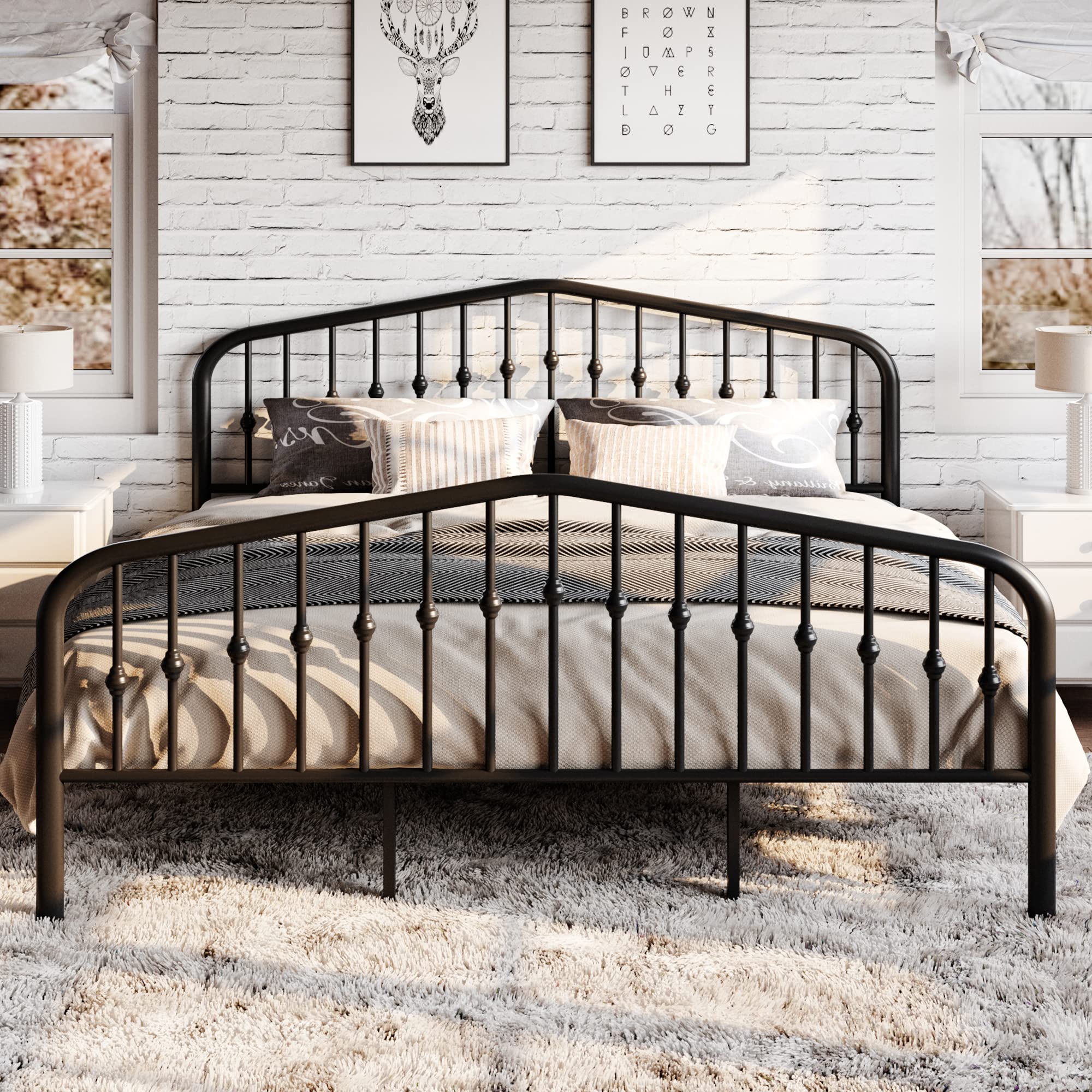 Sha Cerlin King Size Metal Platform Bed Frame With Victorian Style Wrought Iron-Art Headboard/Footboard, No Box Spring Required, Black