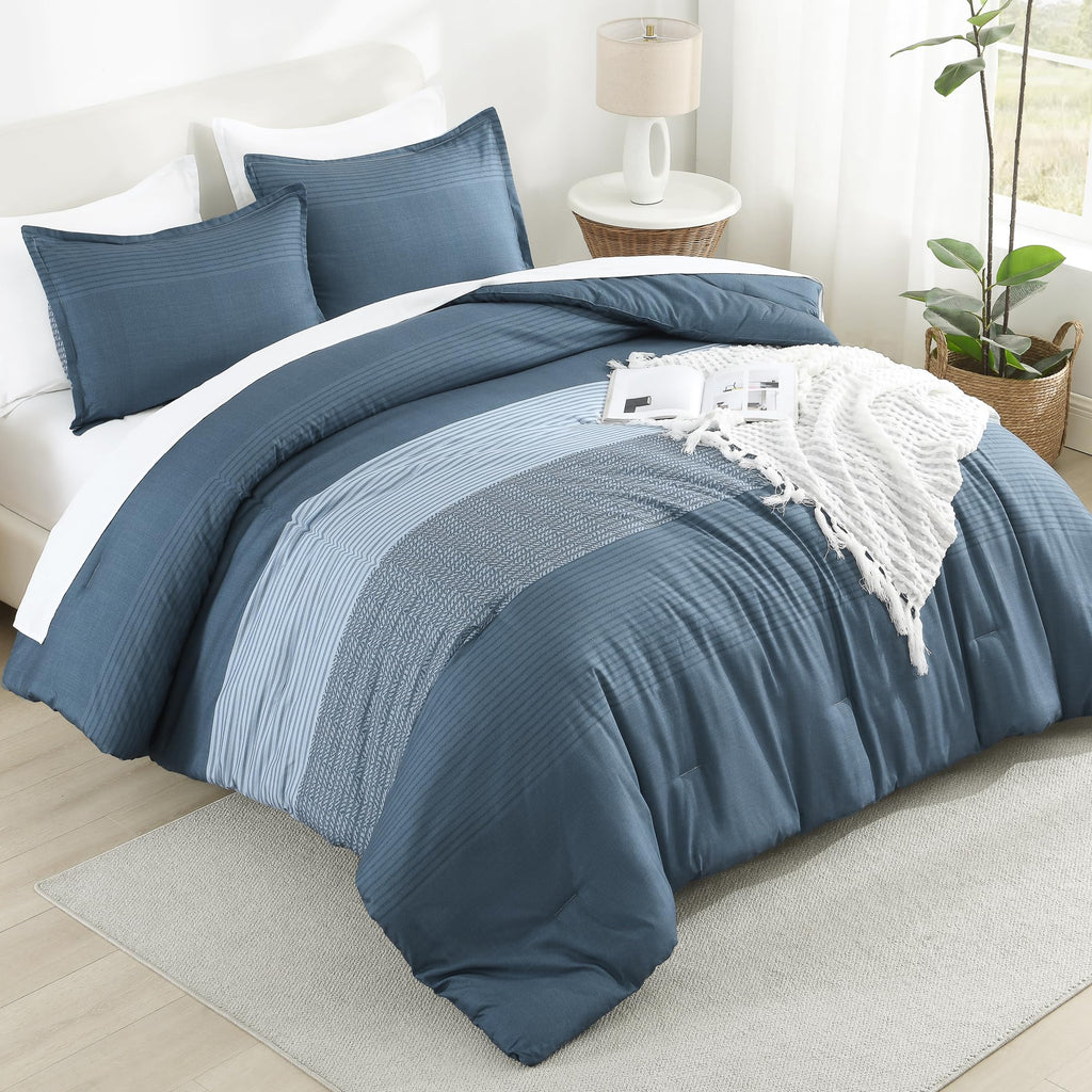 Litanika Haze Blue Comforter Set King - 3 Pieces Lightweight Haze Blue White Colorblock Stripe Fluffy Bedding Comforter Sets, Al