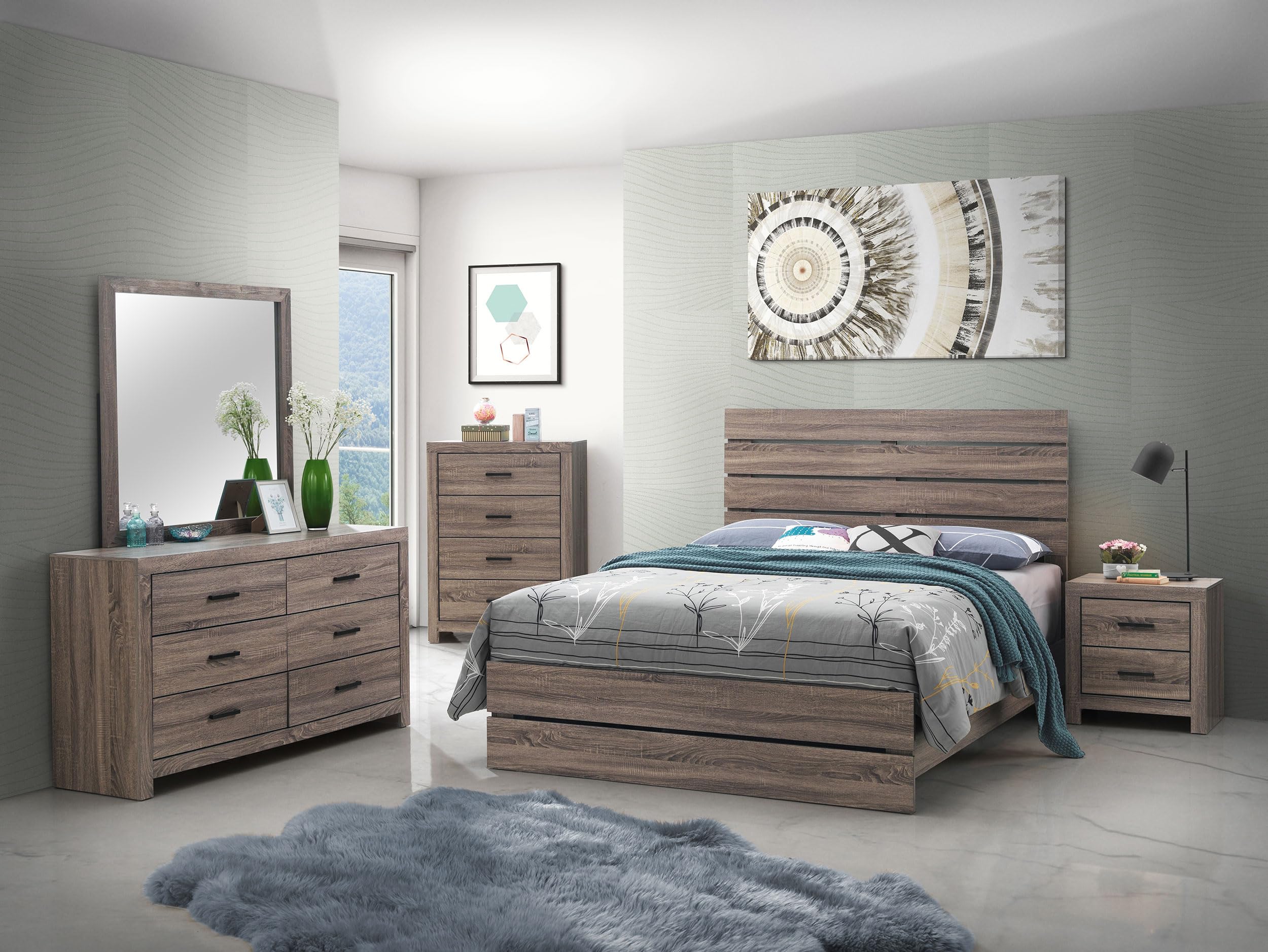 Coaster Home Furnishings Brantford Farmhouse 5-Piece Bedroom Set Queen Size Panel Bed Frame 52-inch Headboard Barrel Oak 207041Q-S5