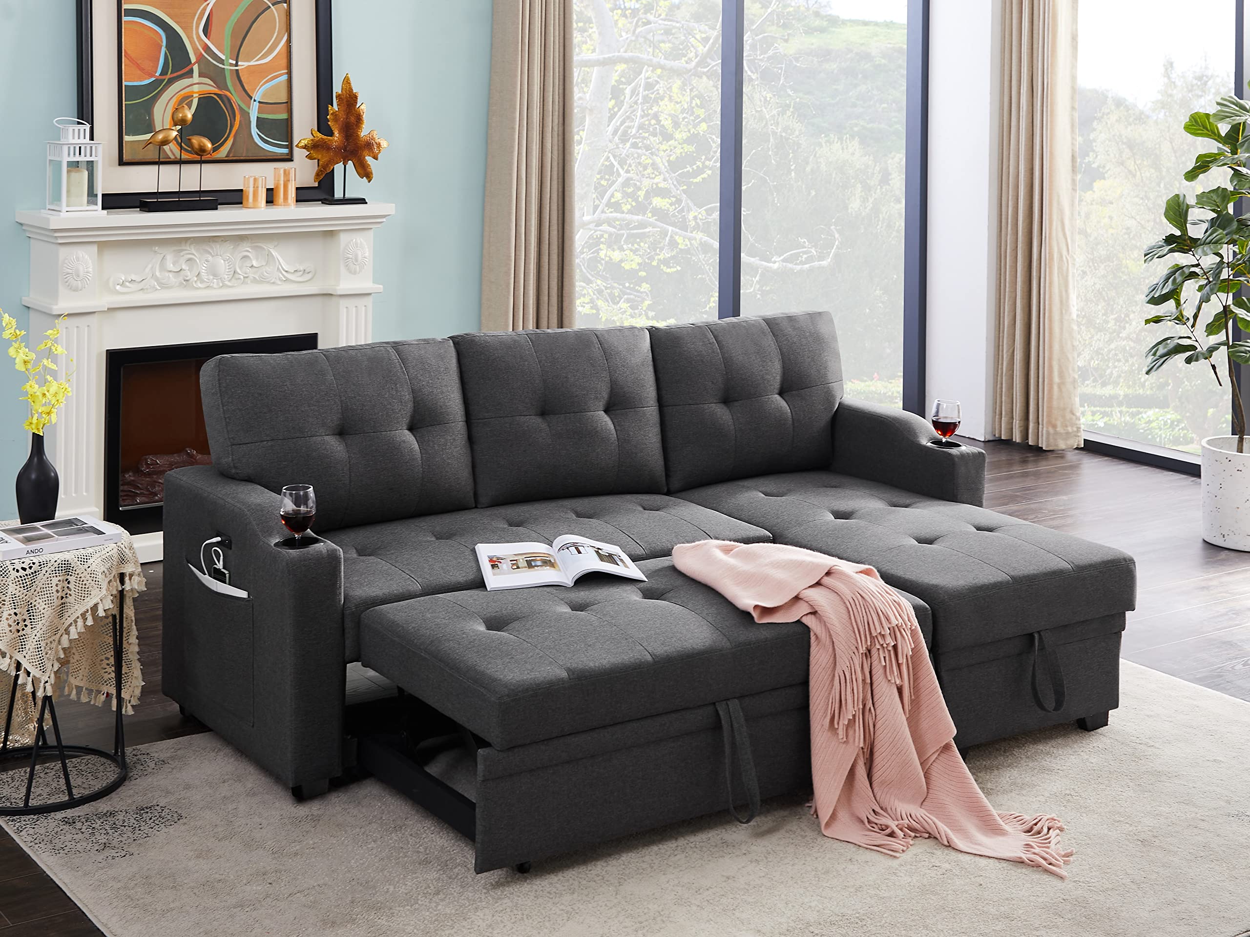 Lilola Home Mabel Light Gray Linen Fabric Sleeper Sectional with cupholder, USB Charging Port and Pocket