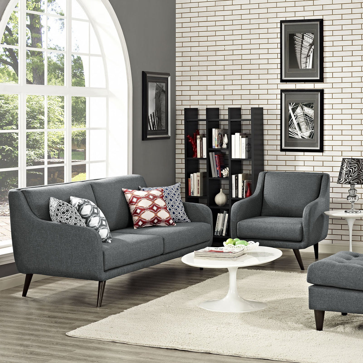 Modway Verve Fabric Upholstered Mid-Century Modern Sofa And Armchair Set In Gray