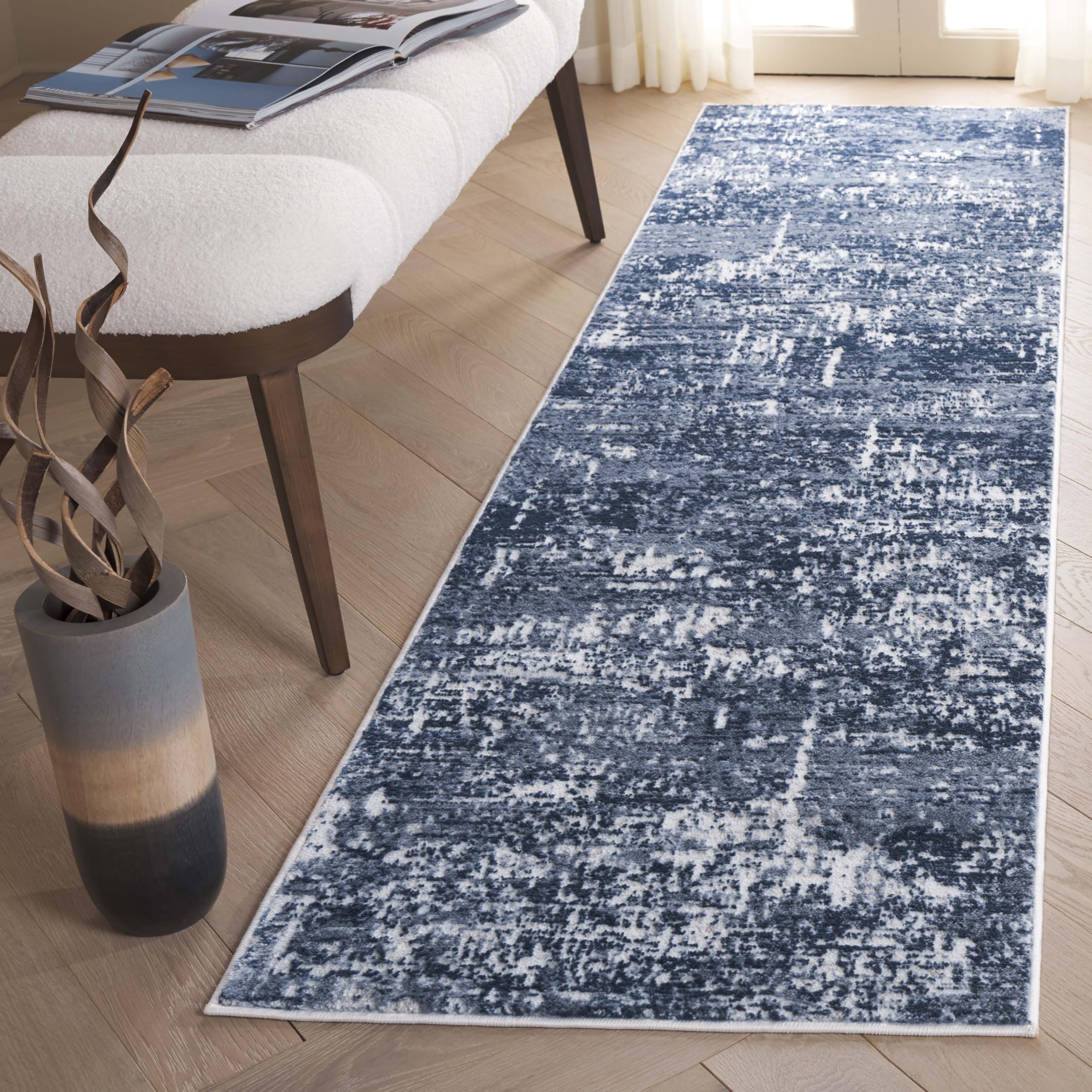 SAFAVIEH Amelia Collection Runner - 22 x 8, Ivory & Dark Blue, Modern Abstract Design, Non-Shedding & Easy Care, Ideal for The