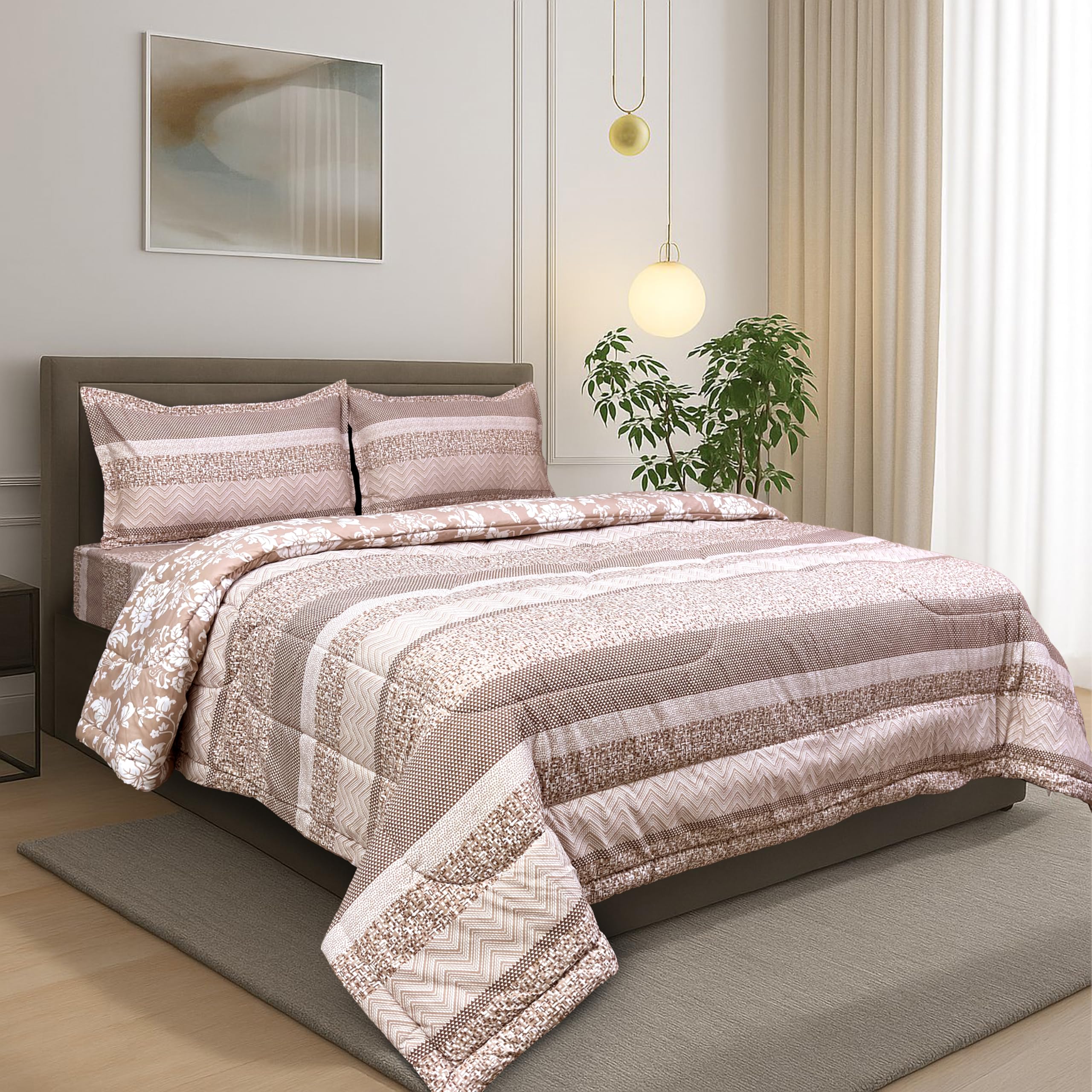 Signature Reversible Super Soft Double Bed Comforter/Quilt Set 350Gsm 88X90 Inches, And Fitted Elastic Bed Sheet With Pillow Cov