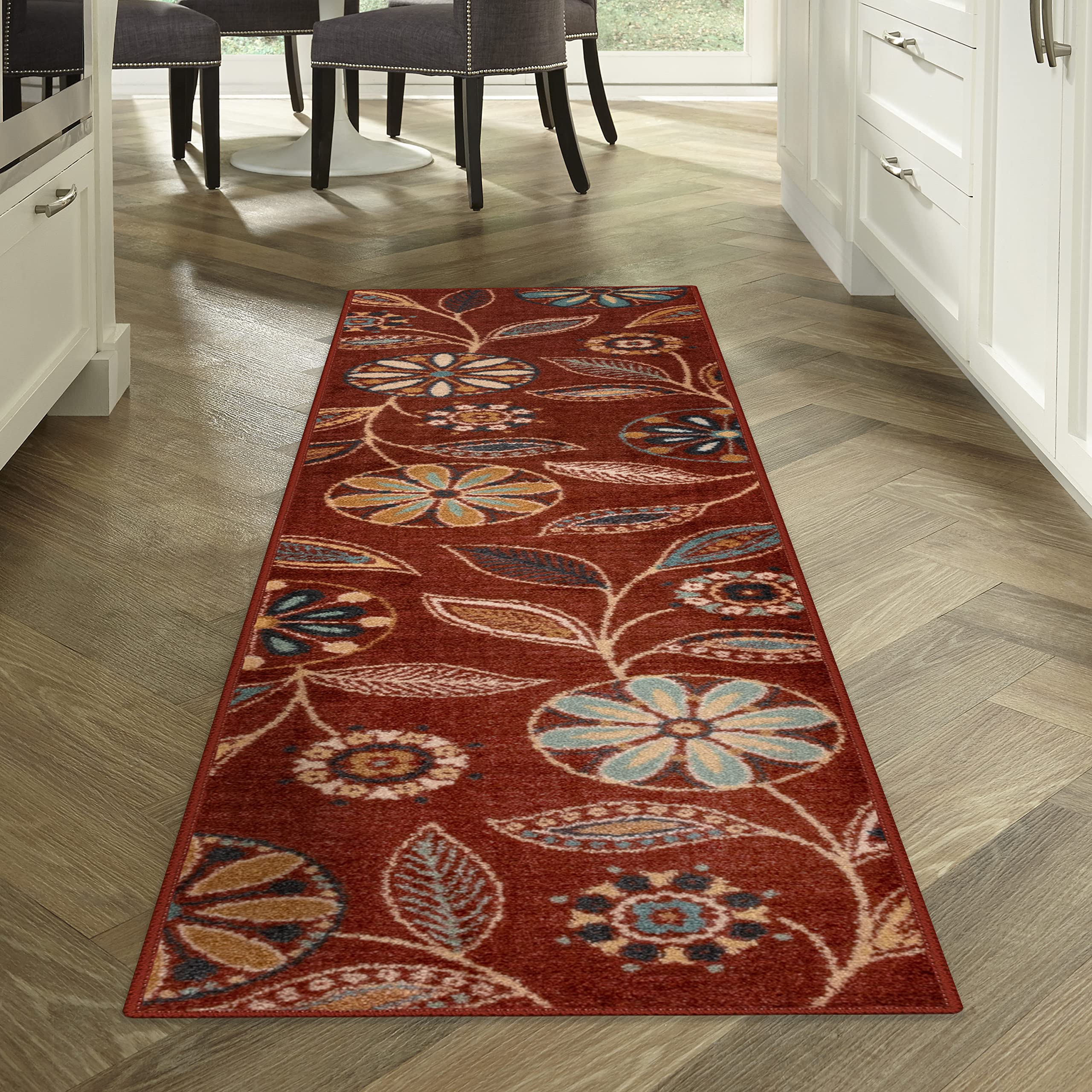 Maples Rugs Reggie Floral Runner Rug Non Skid Hallway Entry Carpet [Made in USA], Merlot, 2 x 9