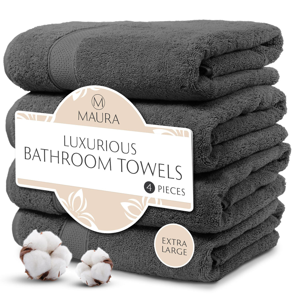 MAURA Grey Extra Large Turkish Cotton Luxury Bath Towels Set of 4. Ultra-Soft, Thick & Plush Towels for Bathroom - Space Gray