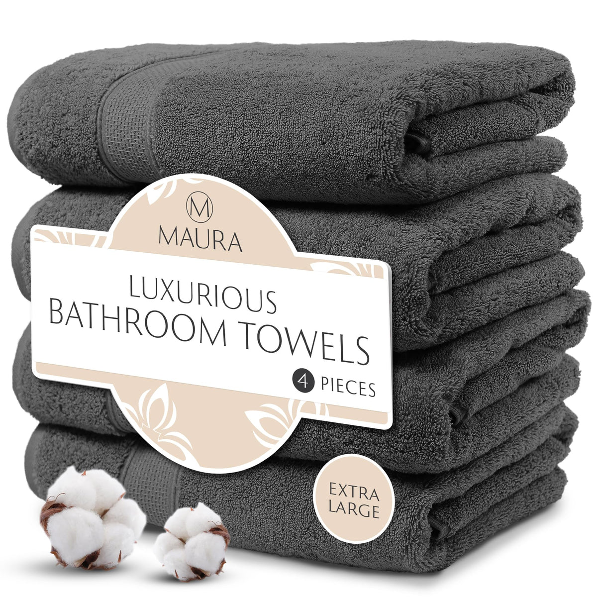 MAURA Grey Extra Large Turkish Cotton Luxury Bath Towels Set of 4. Ultra-Soft, Thick & Plush Towels for Bathroom - Space Gray