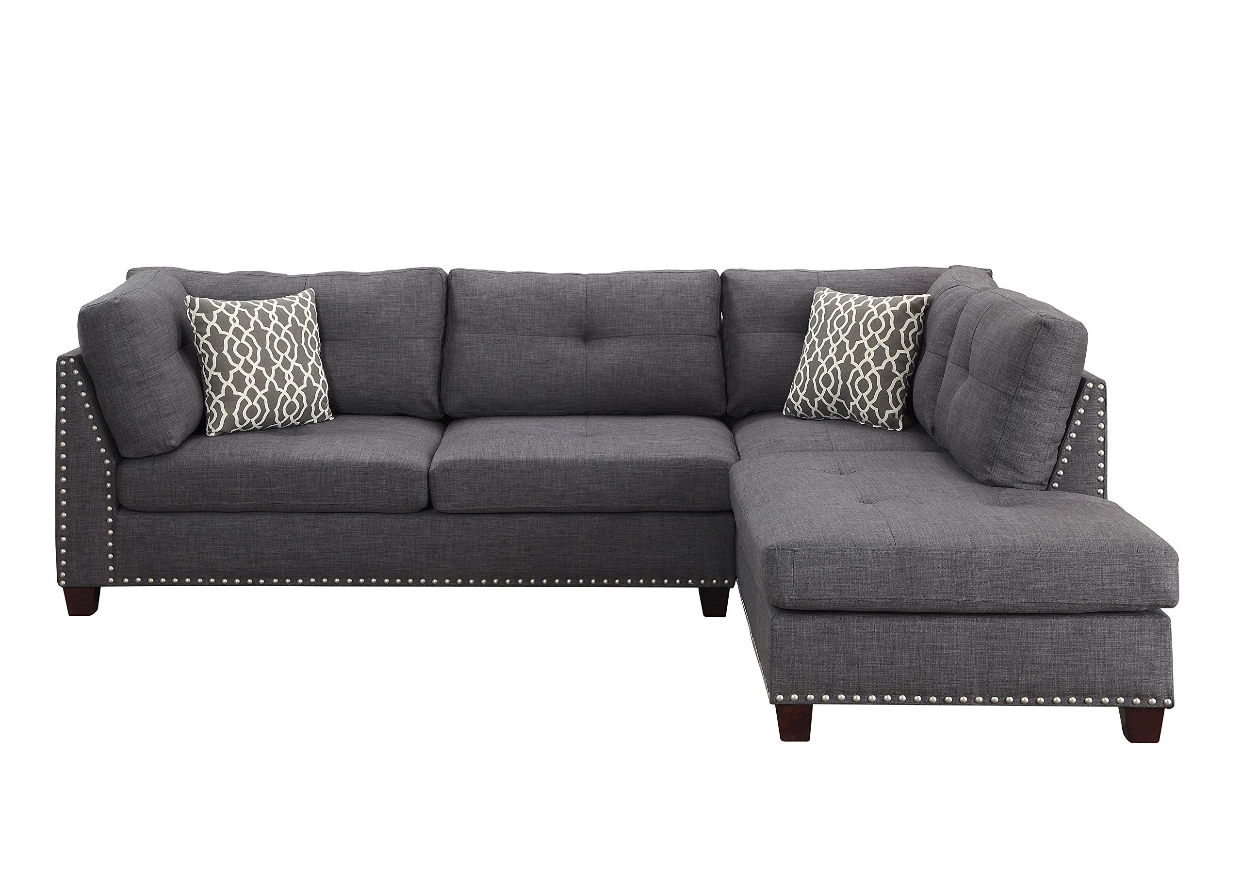 Acme Laurissa Sectional Sofa with 2 Pillows and Ottoman in Light Charcoal Linen