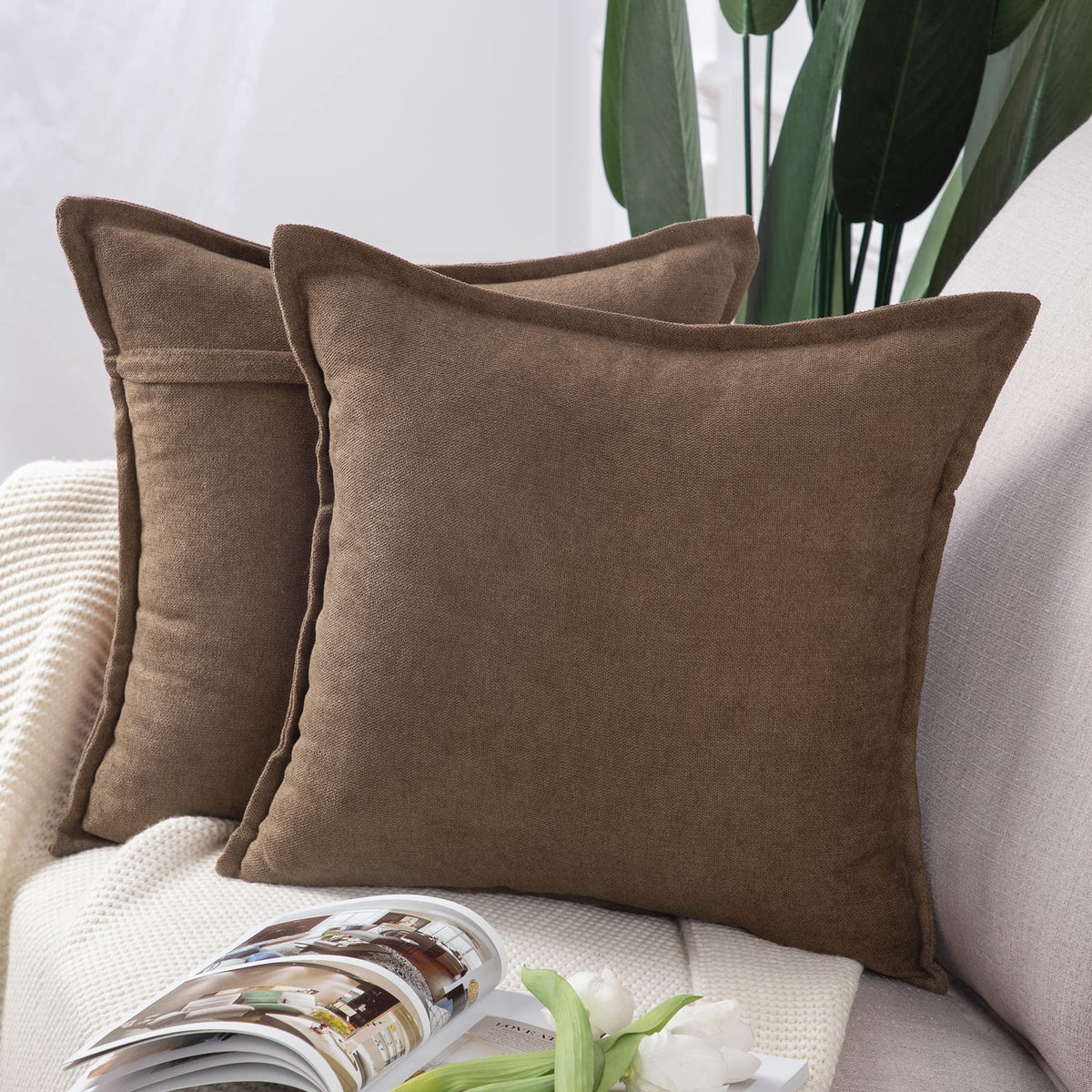 Madizz Set Of 2 Short Chenille Throw Pillow Covers 16X16 Inch Brown Soft Decorative Cushion Cover For Sofa Bedroom Pillow Shell