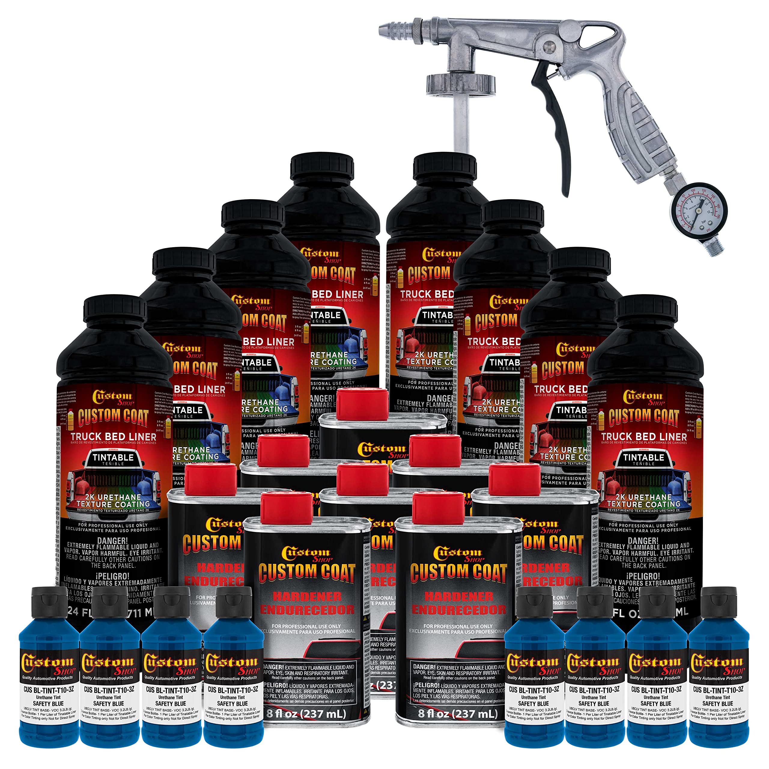 Custom Coat Safety Blue 2 Gallon (8 Quart) Urethane Spray-On Truck Bed Liner Kit With Spray Gun And Regulator - Easy Mixing, Sha