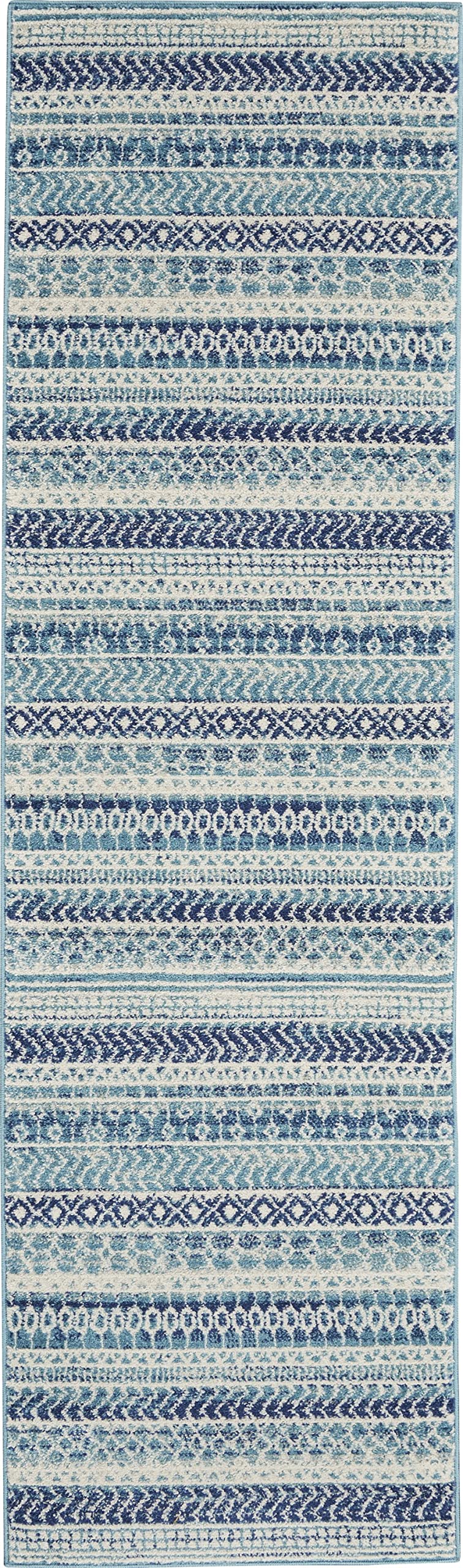 HomeRoots 100% Polypropylene 2’ x 8’ Navy Blue Ornate Stripes Runner Rug