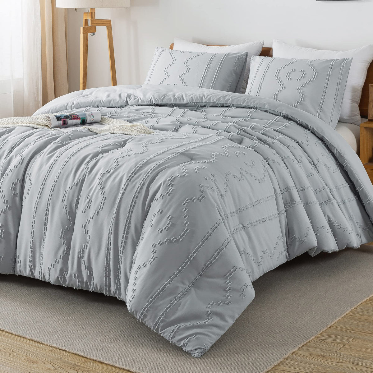 Andency Light Grey Tufted Comforter Set Queen(90X90Inch), 3 Pieces(1 Boho Comforter, 2 Pillowcases) Textured Farmhouse Comforter