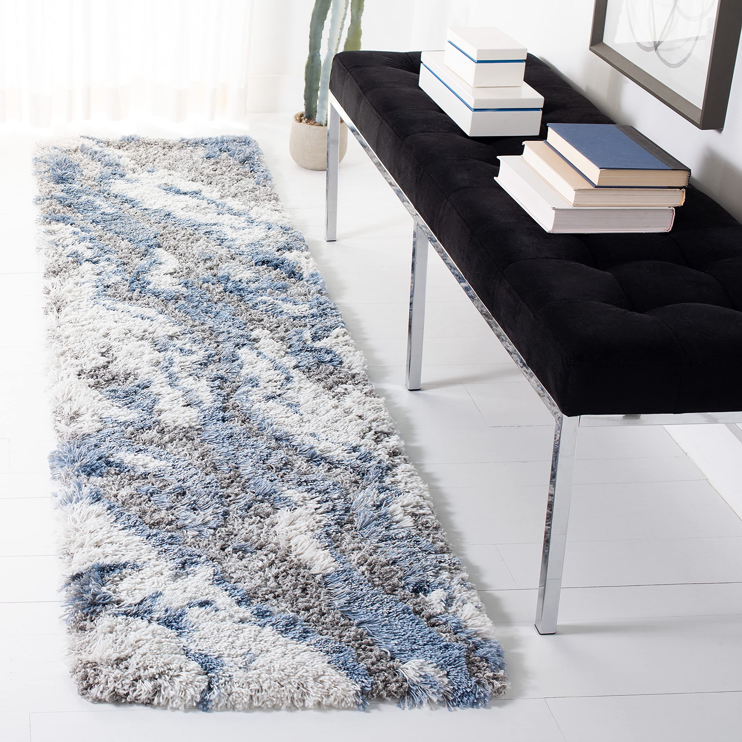 SAFAVIEH Horizon Shag Collection Runner Rug - 2 x 15, Grey & Blue, Modern Abstract Design, Non-Shedding & Easy Care, 2-inch Th