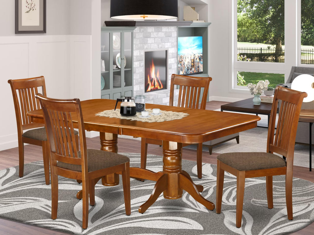 East West Furniture NAPO5-SBR-C 5 Piece Dining Room Furniture Set Includes a Rectangle Kitchen Table with Butterfly Leaf and 4 Linen Fabric Upholstered Chairs, 40x78 Inch, Saddle Brown