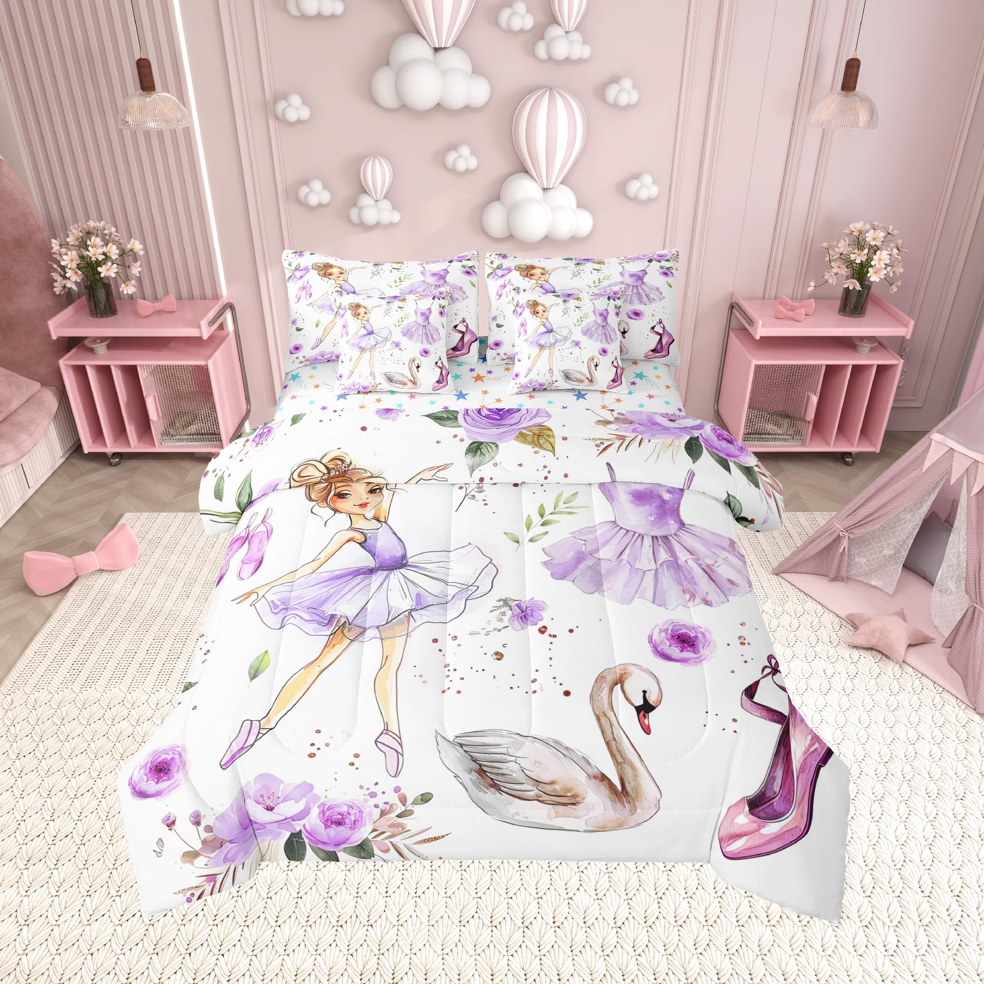 Ballet Dance Girl Comforter Set Full,Purple Dancing Dress Shoes Bedding Set,Fantasy Swan Watercolor Flowers Dreamy (Comforter+Fi