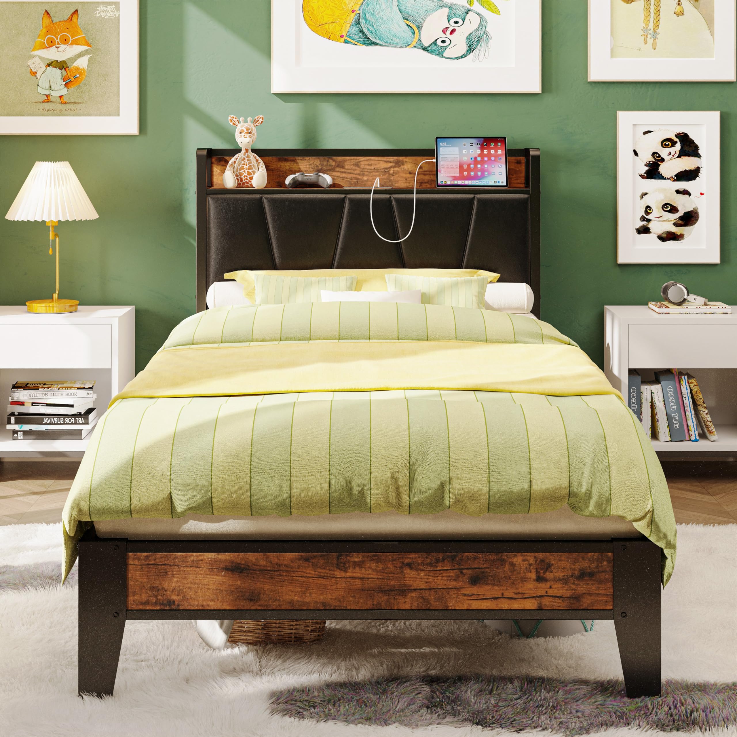 Likimio Twin Xl Bed Frames, Storage Headboard With Charging Station, Solid And Stable, Noise Free, No Box Spring Needed, Easy Assembly (Vintage And Black)