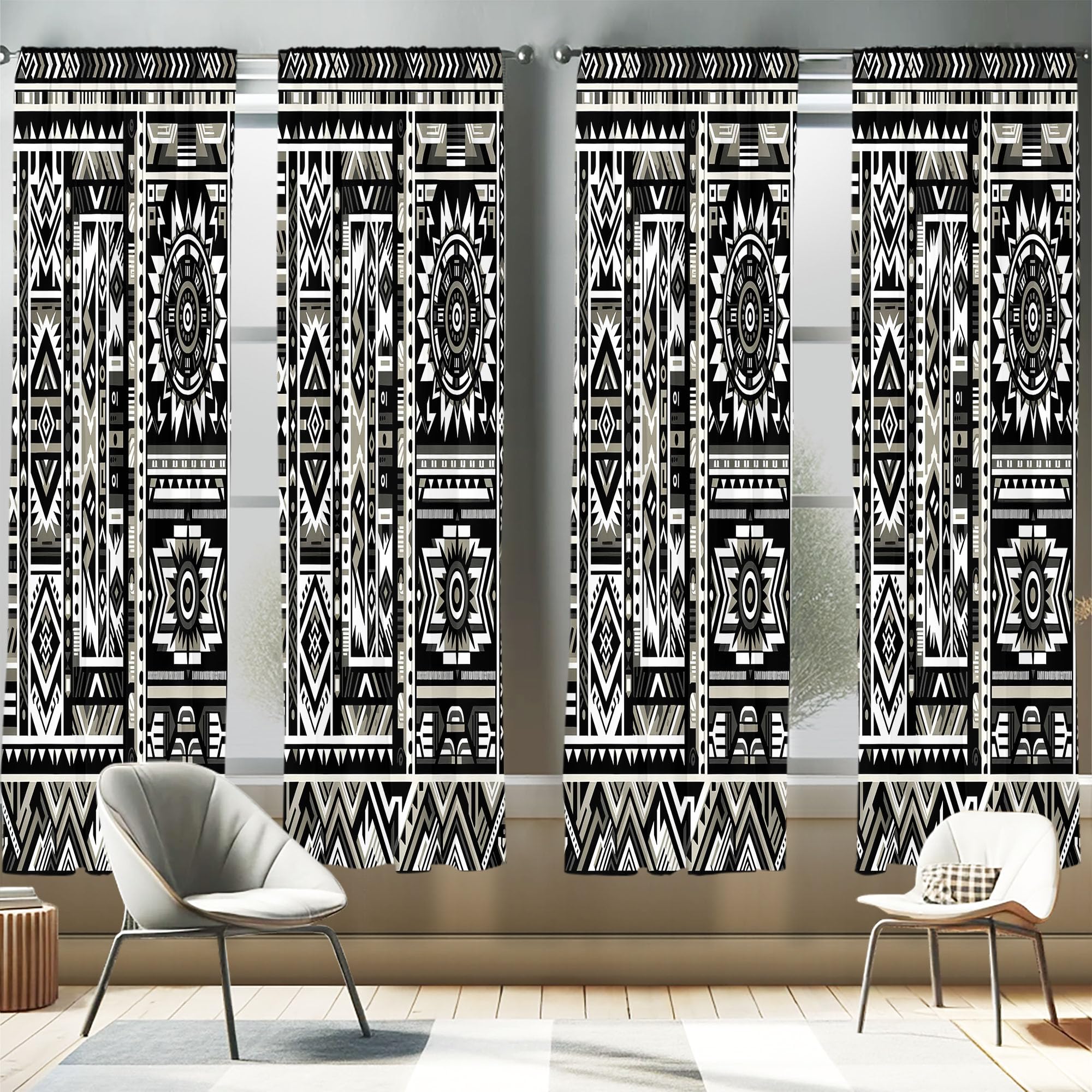 Ambesonne Southwestern Window Curtains Pack of 2, Monochrome Colors Design with Zigzags Arrows and Cultural Motifs, Lightweight 