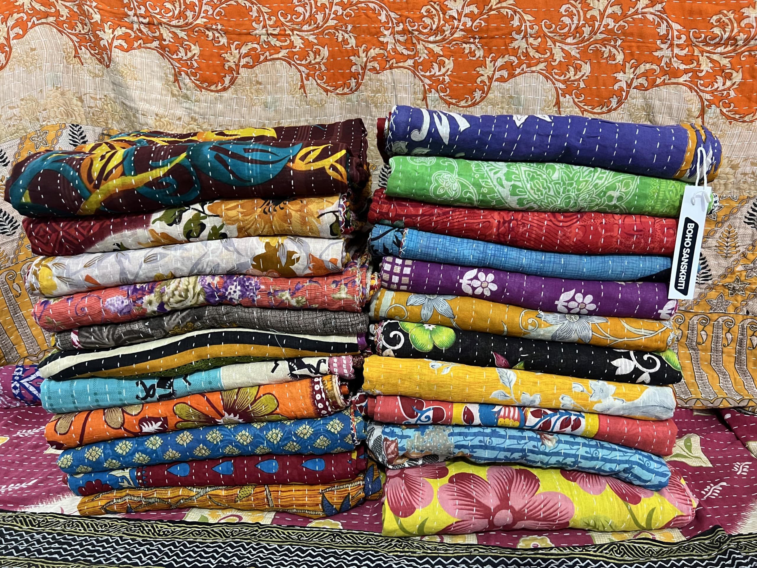 Boho Sanskriti Indian Quilt Vintage Bedspreads,Throws,Ralli, Lot Kantha Reversible Bedcover Bedspread Throw Cotton Blanket Gudar