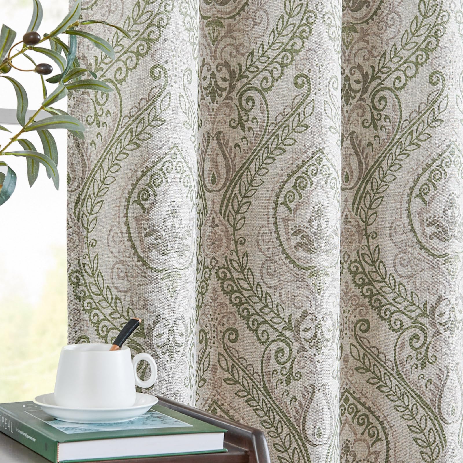Jinchan Linen Textured Curtains For Living Room Darkening 90 Inch Length, Medallion Drapes For Bedroom, Damask Pattern Window Treatments Vintage Curtain Panels, 2 Panels Sage Green On Greige