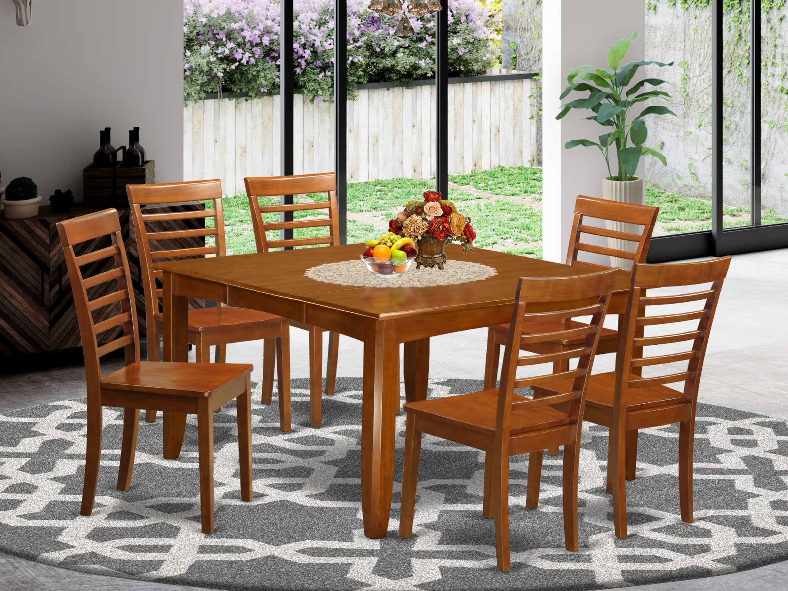 East West Furniture PFML7-SBR-W 7 Piece Kitchen Table Set Consist of a Square Dining Table with Butterfly Leaf and 6 Dining Room Chairs, 54x54 Inch, Saddle Brown