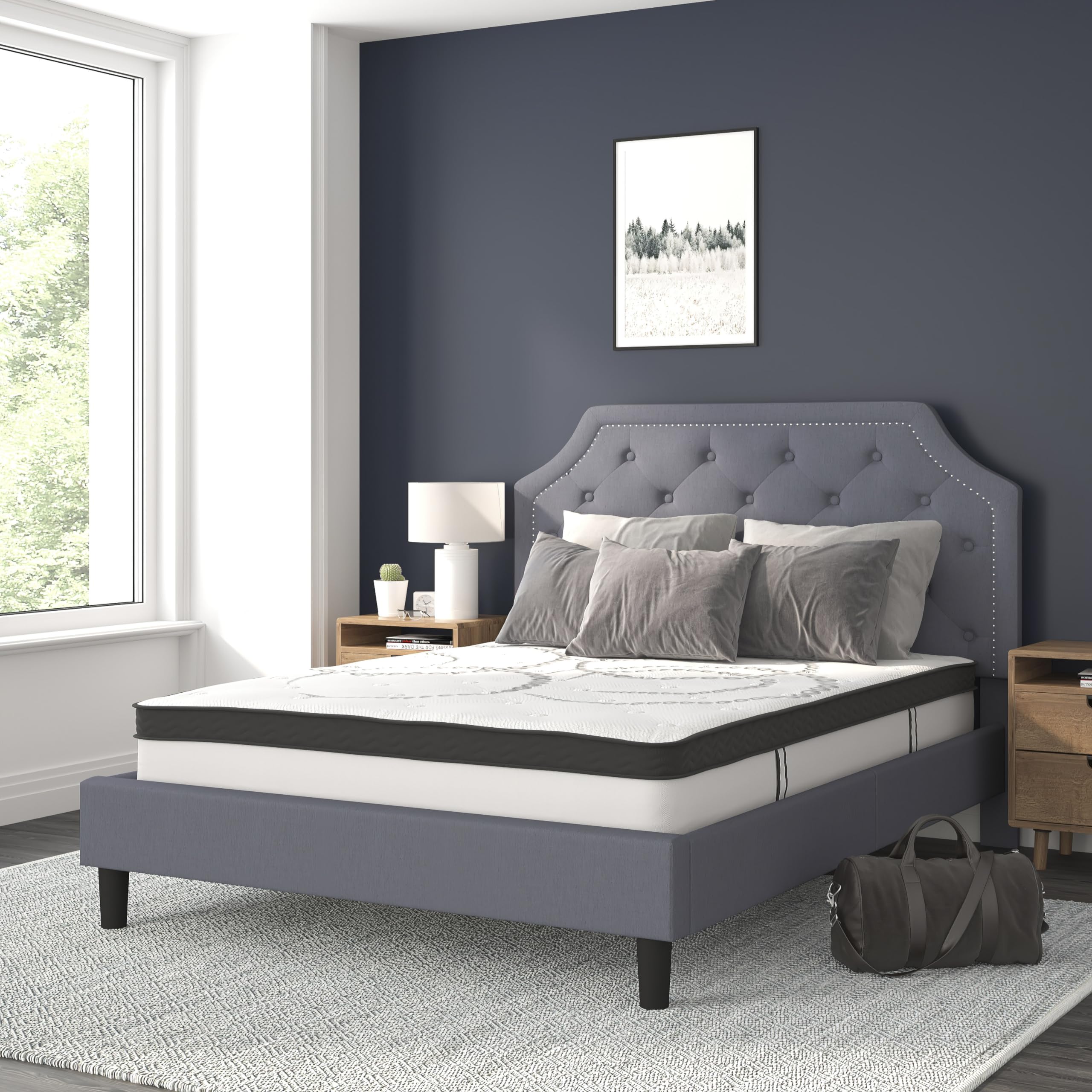 Flash Furniture Brighton Queen Size Tufted Upholstered Platform Bed In Light Gray Fabric With 10 Inch Certipur-Us Certified Pocket Spring Mattress
