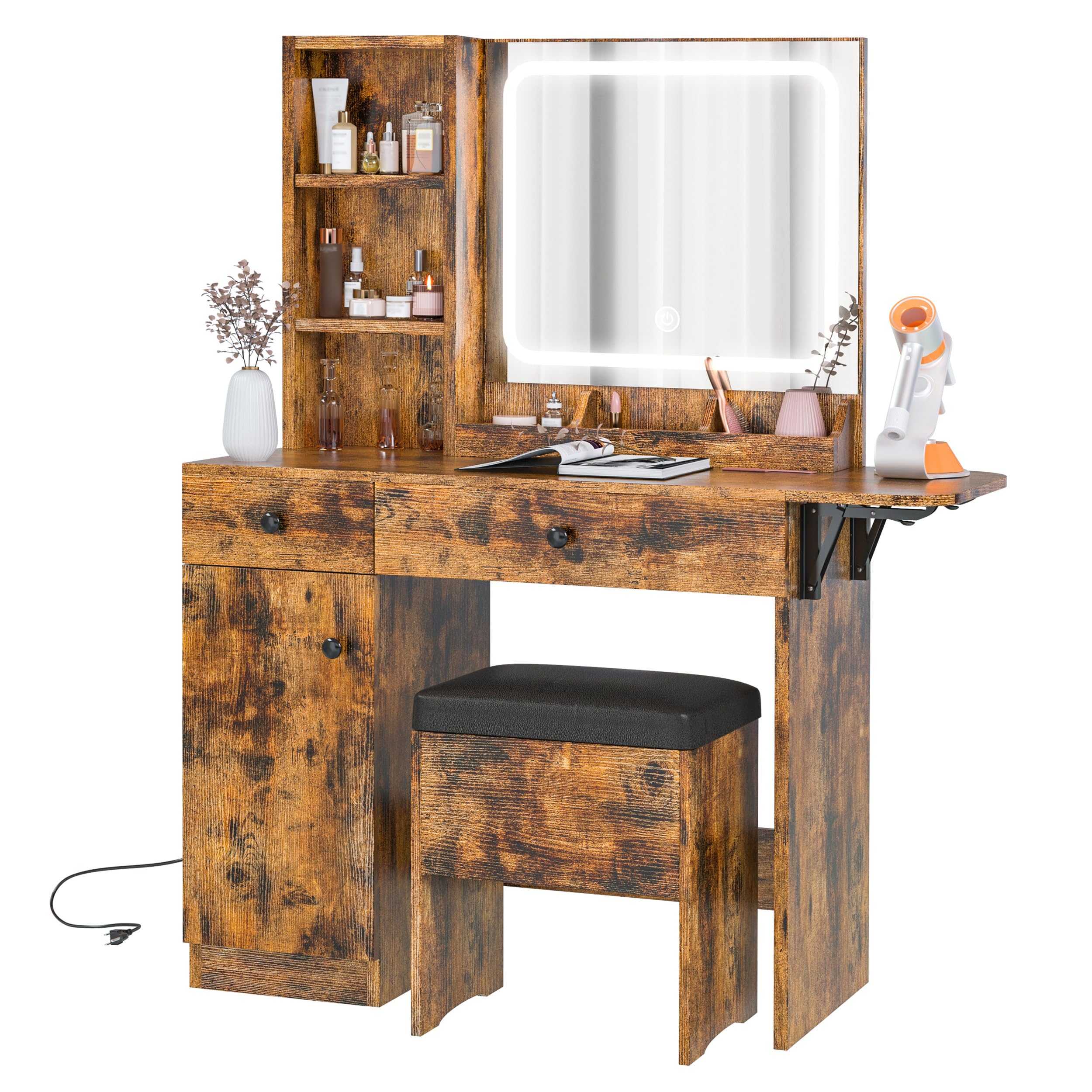 IRONCK Vanity Desk with LED Lighted Mirror & Power Outlet, Makeup Table with Drawers & Cabinet,Storage Stool,for Bedroom, Vintag