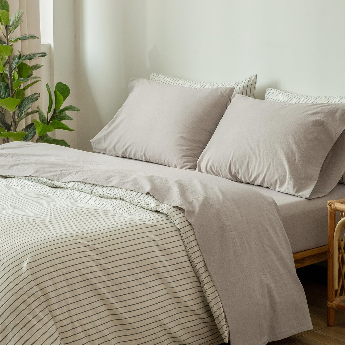 Moomee Bedding Sheet Set 100% Washed Cotton Linen Like Textured Breathable Durable Soft Comfy (Brownish Grey, Full)