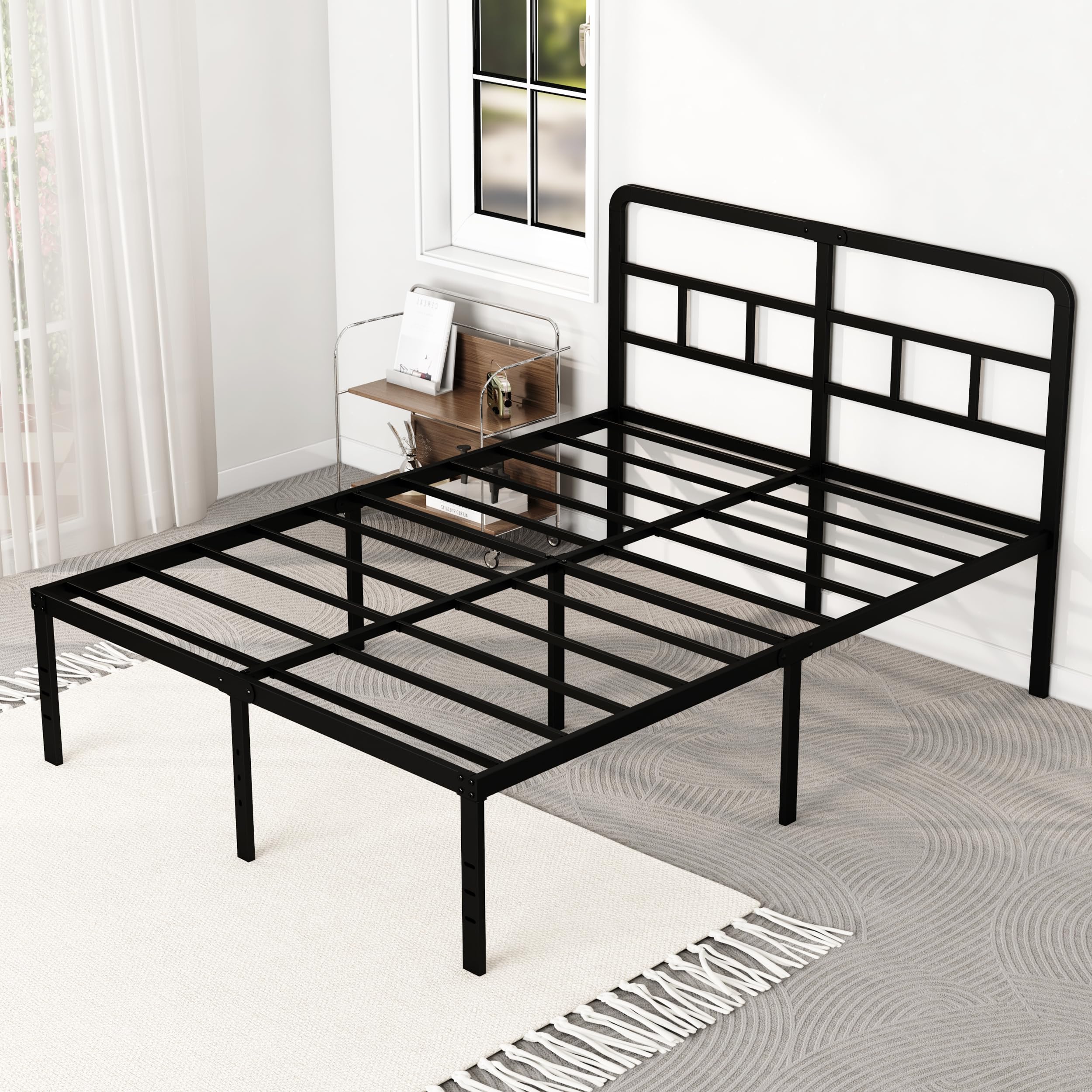DiaOutro 18 Inch Full Size Bed Frame with Headboard No Box Spring Needed, Heavy Duty Metal Platform with Steel Slat, Mattress Fo