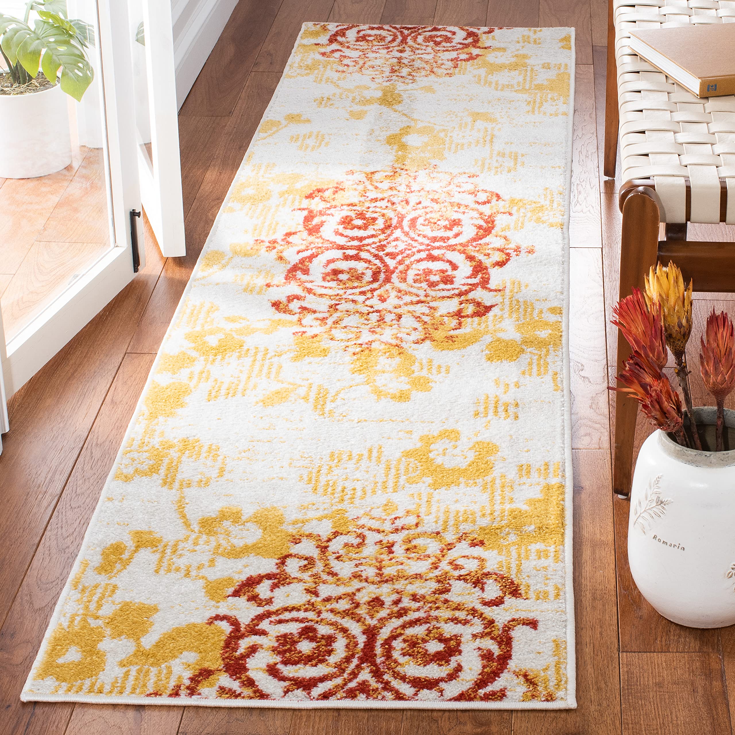 SAFAVIEH Adirondack Collection Runner Rug - 22 x 9, Grey & Gold, Floral Glam Damask Distressed Design, Non-Shedding & Easy Car
