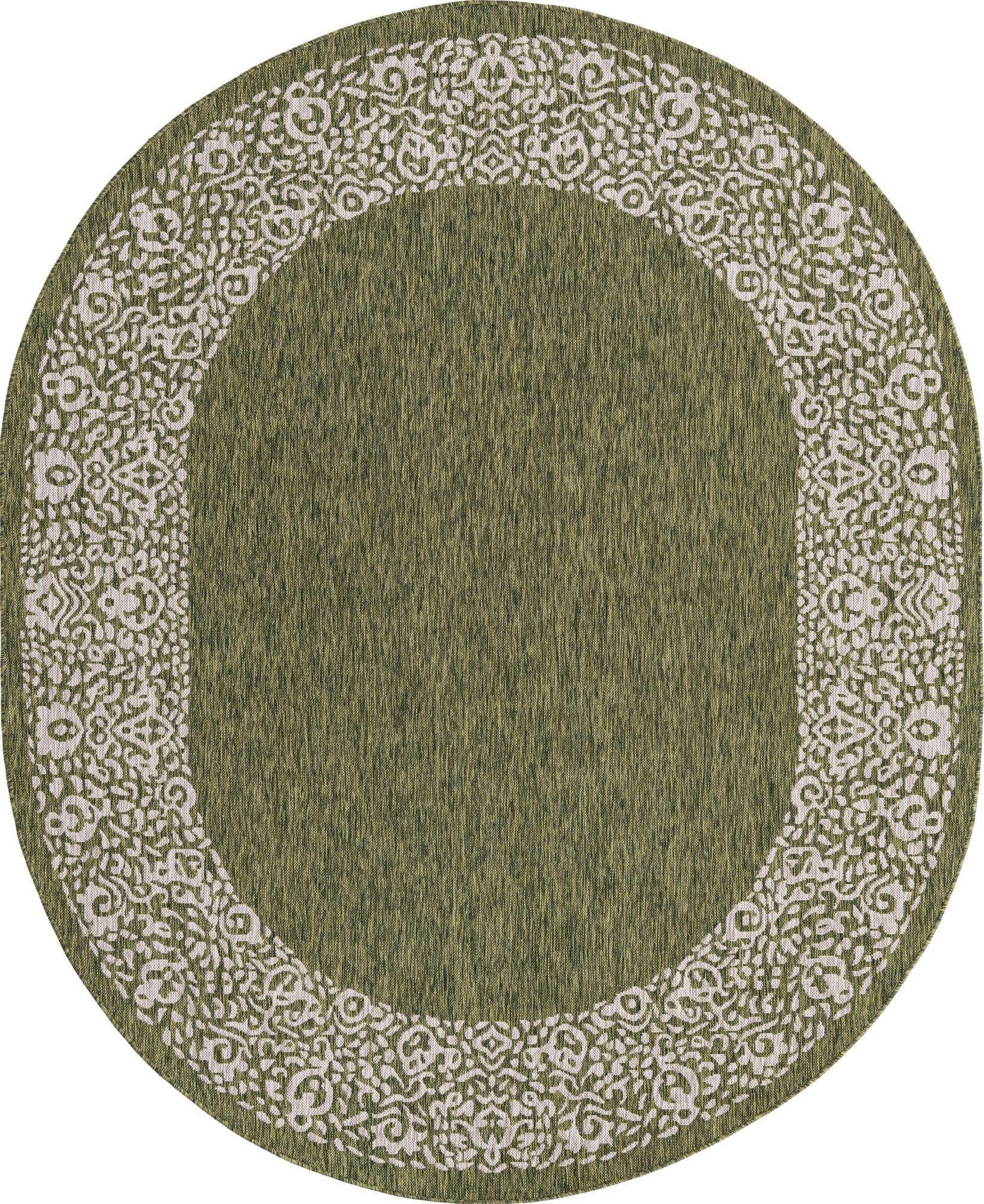 Unique Loom Outdoor Border Collection Area Rug - Floral Border (7' 10' X 10' Oval, Green/ Ivory)