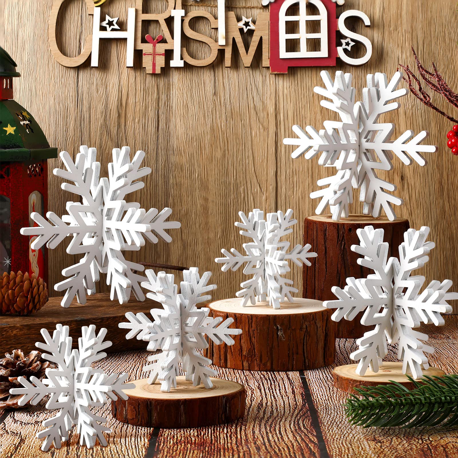 Bucherry 12 Pcs Winter Wooden Snowflake Table Decor Winter Snowflake Signs 3D Snowflake Tabletop Decorations Snowflake Centerpie