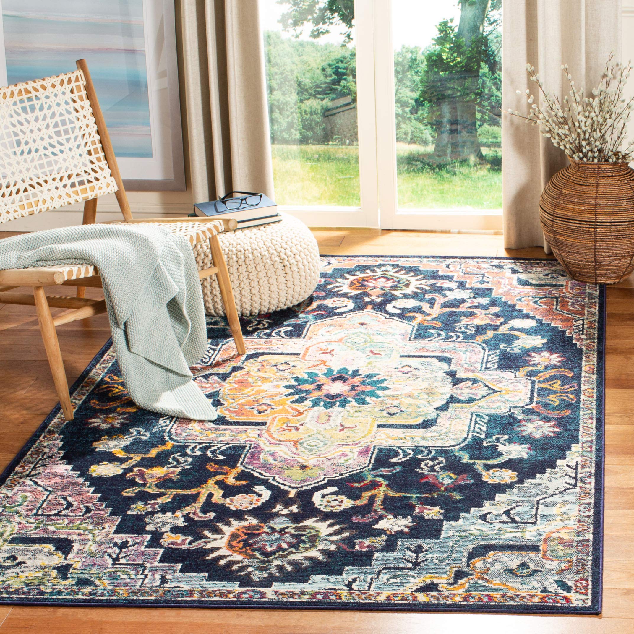SAFAVIEH Crystal Collection Accent Rug - 4 x 6, Navy & Fuchsia, Medallion Distressed Design, Non-Shedding & Easy Care, Ideal f