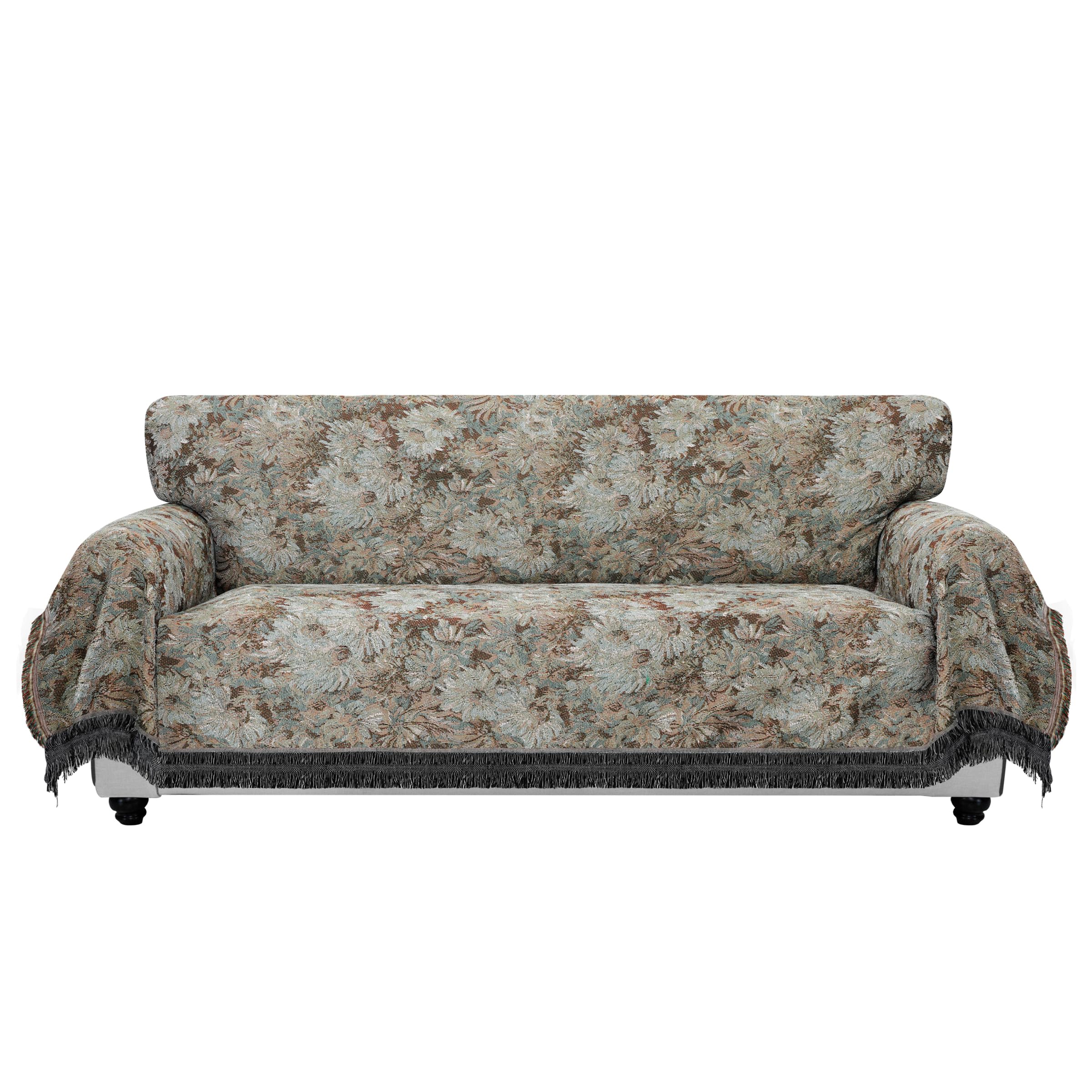 Purefit Geometric Jacquard Throw Sofa Cover - Textured Soft Washable Decorative Couch Covers For 3 Cushion Couch, Throw Cover With Tassels Furniture Protector For Pets, Kids (X-Large, Flower Sage)