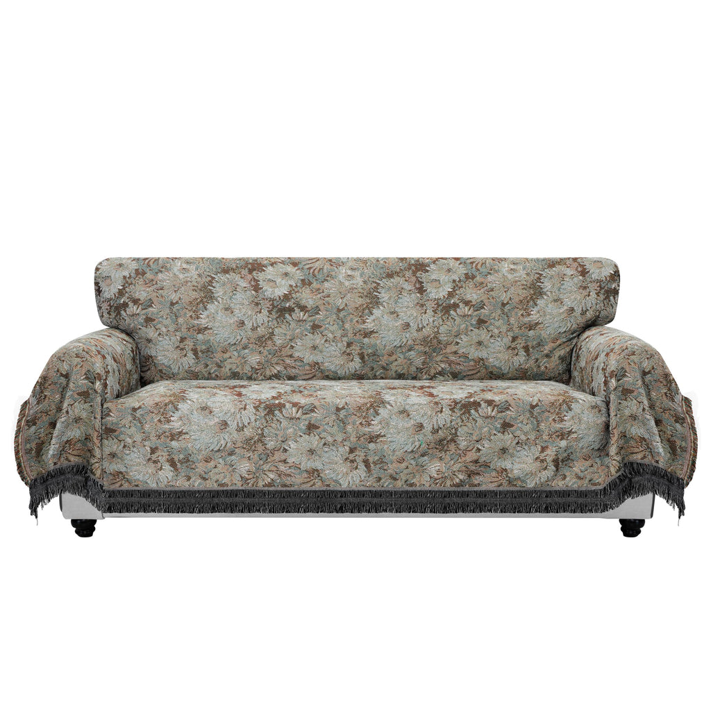 Purefit Geometric Jacquard Throw Sofa Cover - Textured Soft Washable Decorative Couch Covers For 3 Cushion Couch, Throw Cover With Tassels Furniture Protector For Pets, Kids (X-Large, Flower Sage)