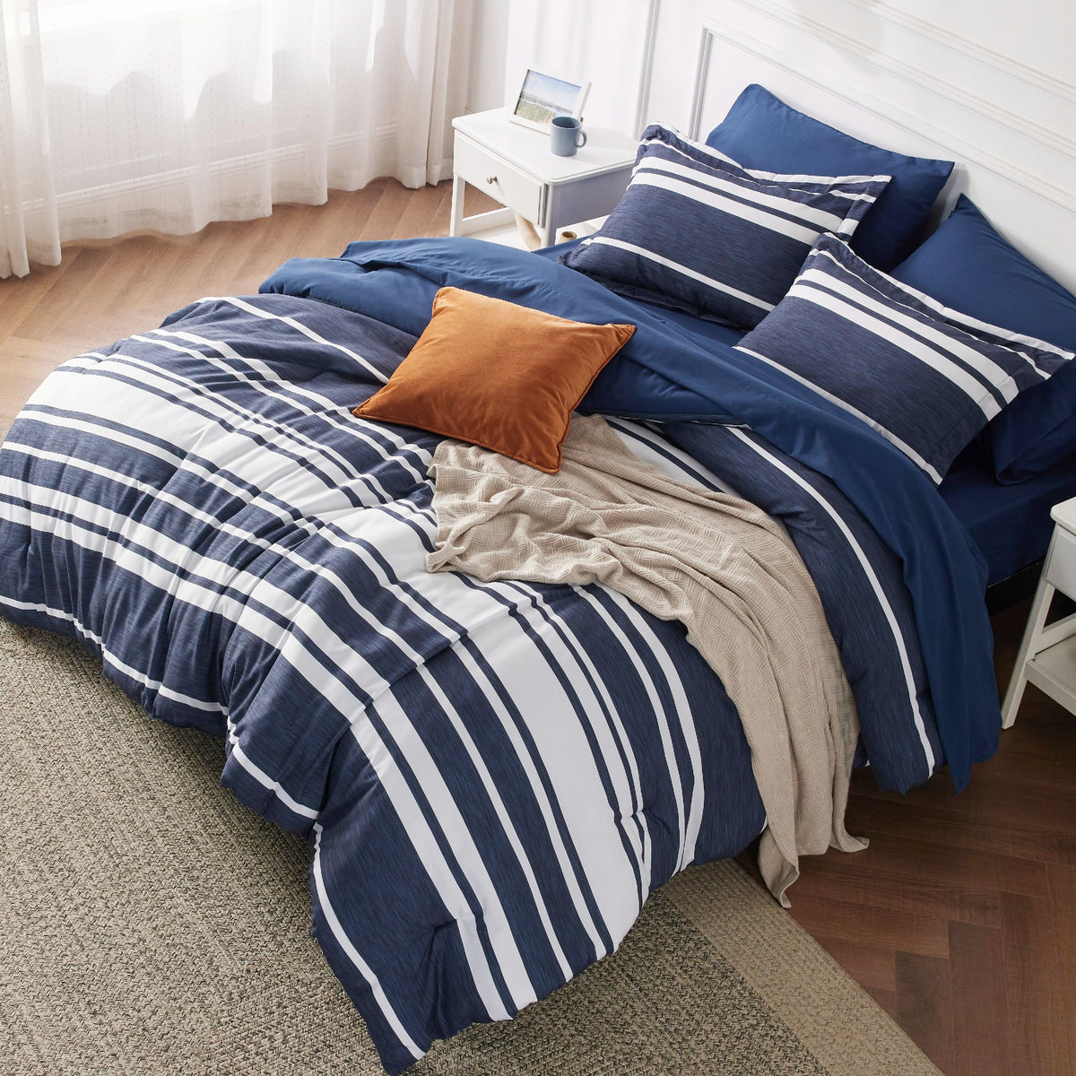 Bedsure Bed In A Bag Twin Size 5 Pieces, Navy White Striped Bedding Comforter Sets All Season Bed Set With 1 Pillow Sham, Flat S