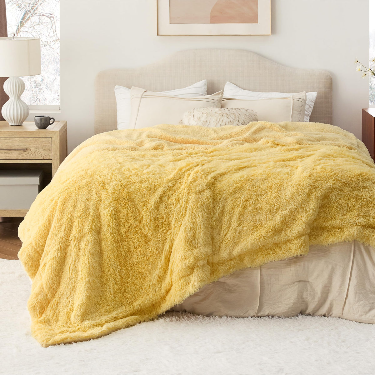 Bedsure Soft Fuzzy Faux Fur King Size Blanket Light Yellow - Cozy, Fluffy, Plush Sherpa Fleece Blanket, Furry, Shaggy Blanket Fo