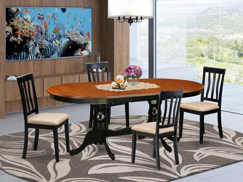 East West Furniture PLAN5-BCH-C 5 Piece Dining Room Table Set Includes an Oval Wooden Table with Butterfly Leaf and 4 Linen Fabric Kitchen Dining Chairs, 42x78 Inch, Black & Cherry
