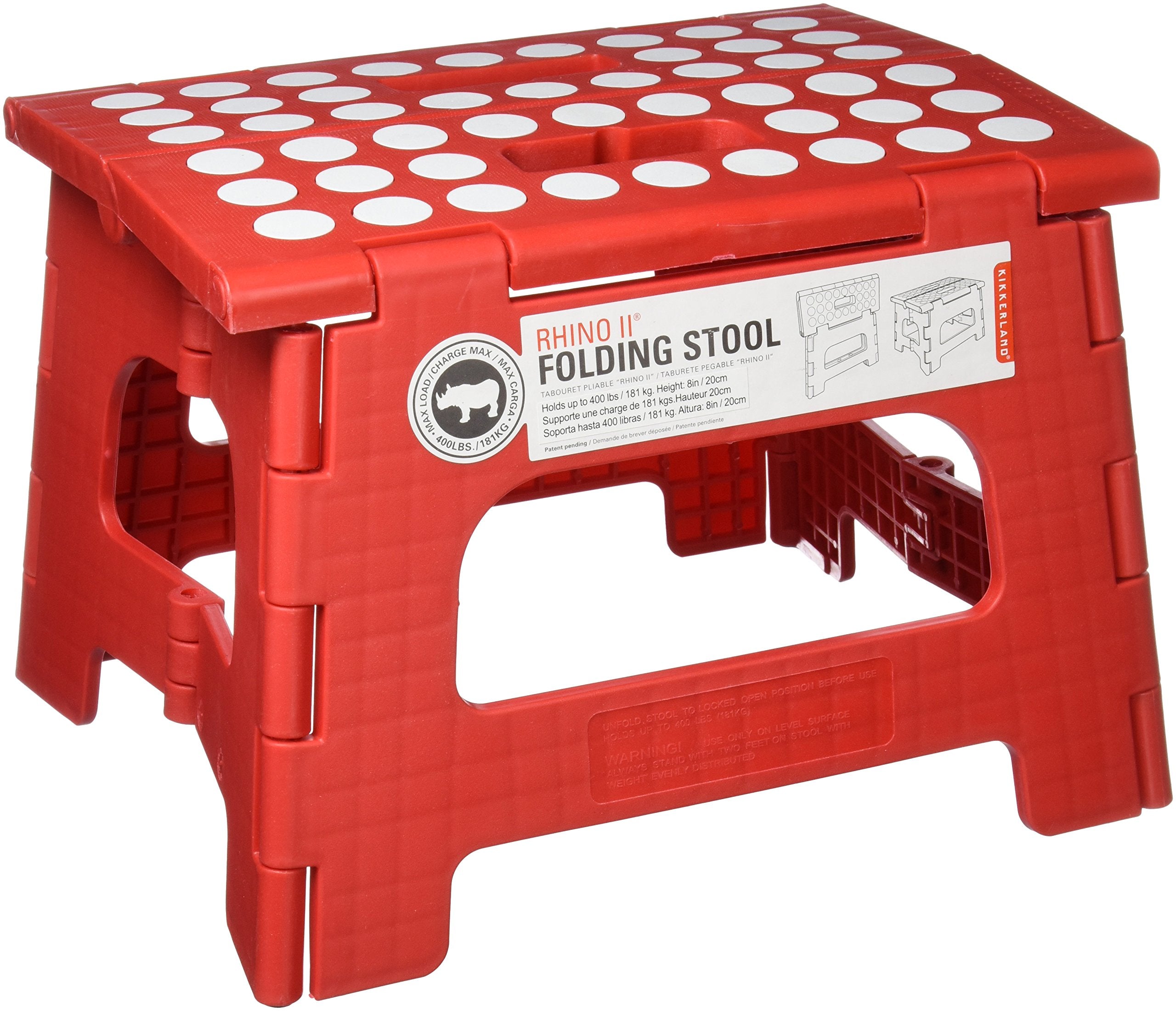 Kikkerland Foldable Sturdy Non- Slip Compact Lightweight Plastic Rhino II Step Stool, Red, Holds up to 300 lbs, for Kitchen, Bat