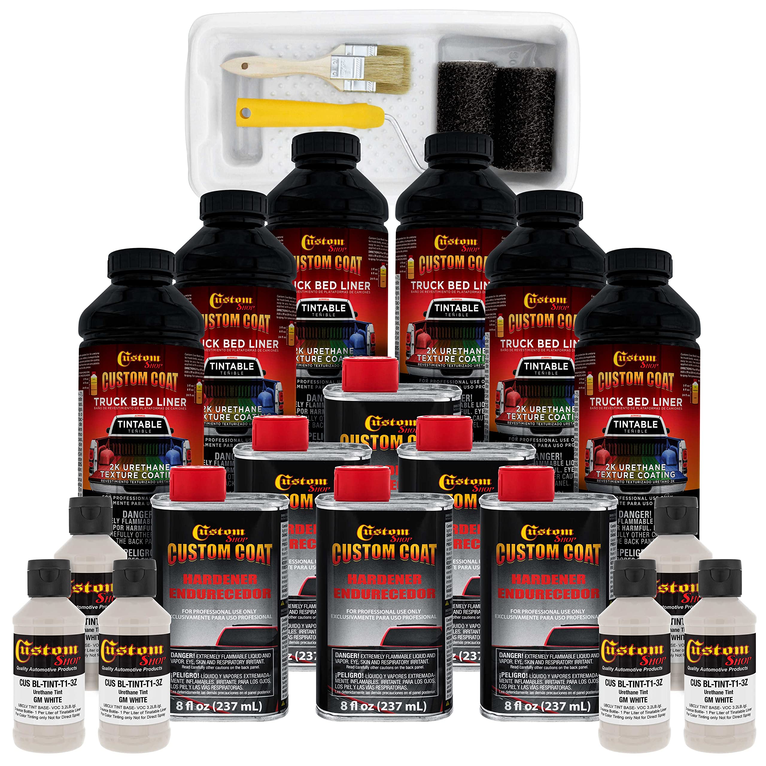 Custom Coat Gm White 1.5 Gallon (6 Quart) Urethane Roll-On, Brush-On Or Spray-On Truck Bed Liner Kit With Roller And Brush Appli