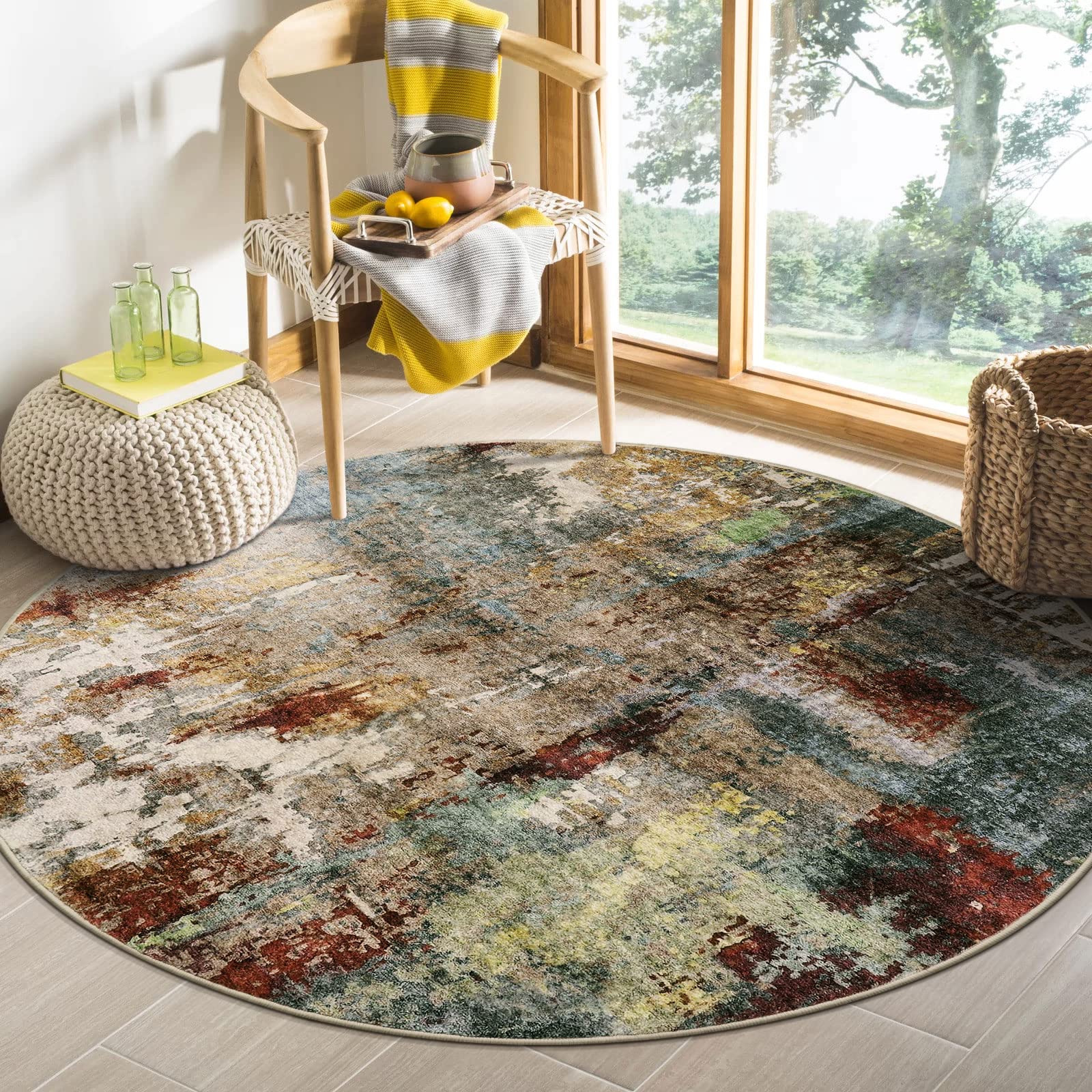 Lahome Modern Abstract Round Rug - 4Ft Red Area Rugs for Living Room, Soft Bathroom Circle Mat Machine Washable Non Slip Indoor 