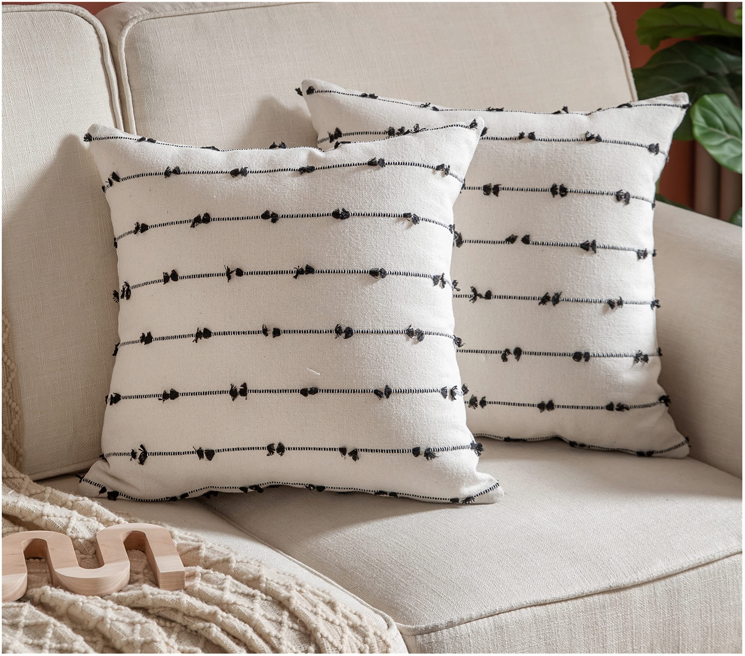 Caflife Boho Throw Pillow Covers 18X18 Inches Beige And Black, Set Of 2 Modern Farmhouse Decorative Pillow Covers For Couch Bed,