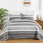 Djy Grey Striped Quilt Set Queen Size, Gray Stripe Boho Patchwork Bedspread Coverlet Set Soft Microfiber Bohemian Quilt Bedding