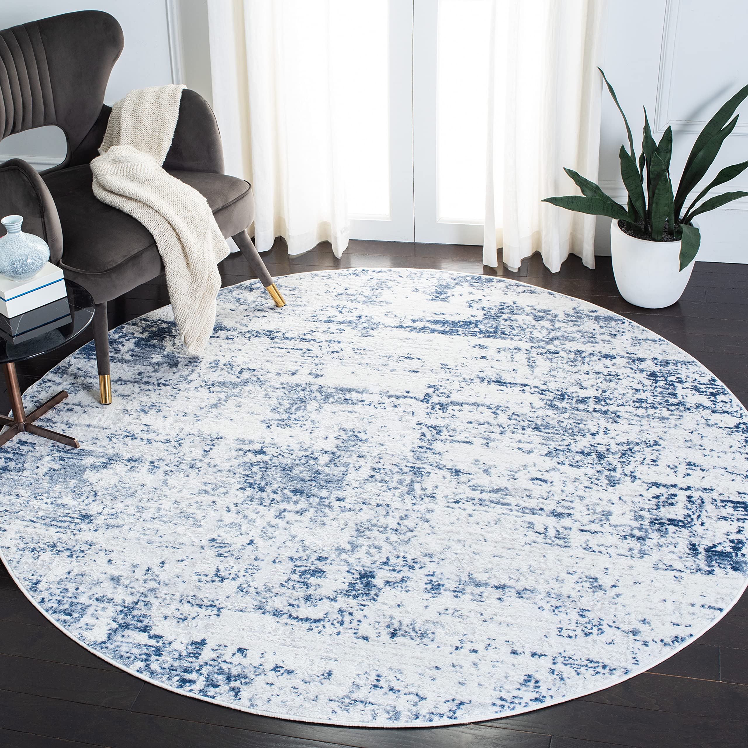 Safavieh Amelia Collection Area Rug - 5'3'' Round, Ivory & Navy, Modern Abstract Design, Non-Shedding & Easy Care, Ideal for Hig