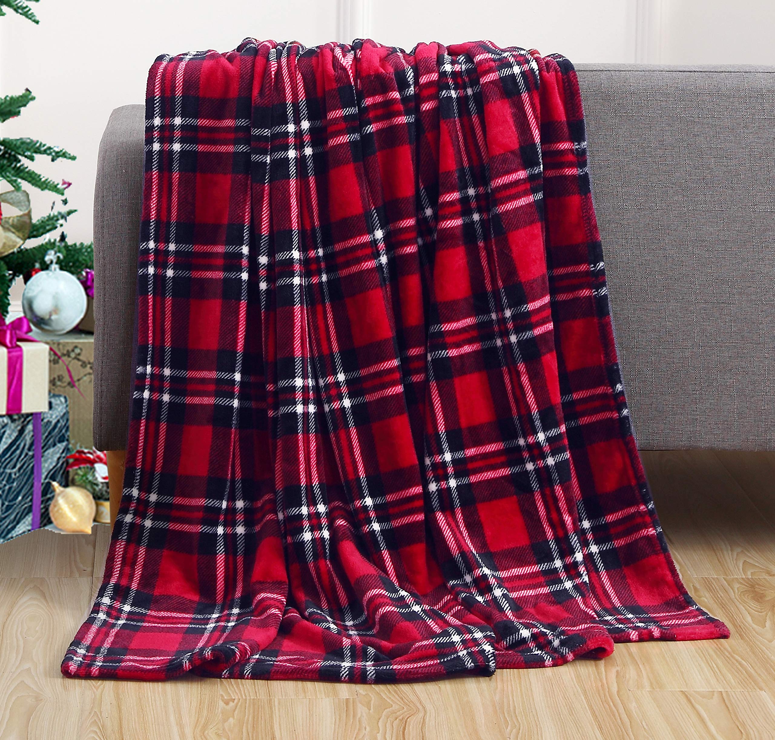Elegant Comfort Velvet Touch Ultra Plush Christmas Holiday Printed Fleece Throw/Blanket-50 X 60Inch, (Plaid)