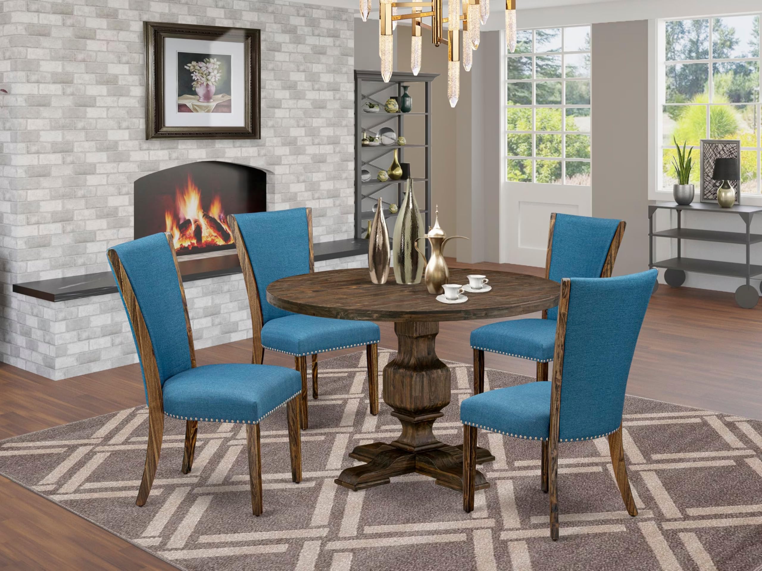 East West Furniture I3VE5-721 5 Piece Modern Dining Table Set Includes a Round Wooden Table with Pedestal and 4 Blue Color Linen Fabric Parson Chairs, 48x48 Inch, Distressed Jacobean